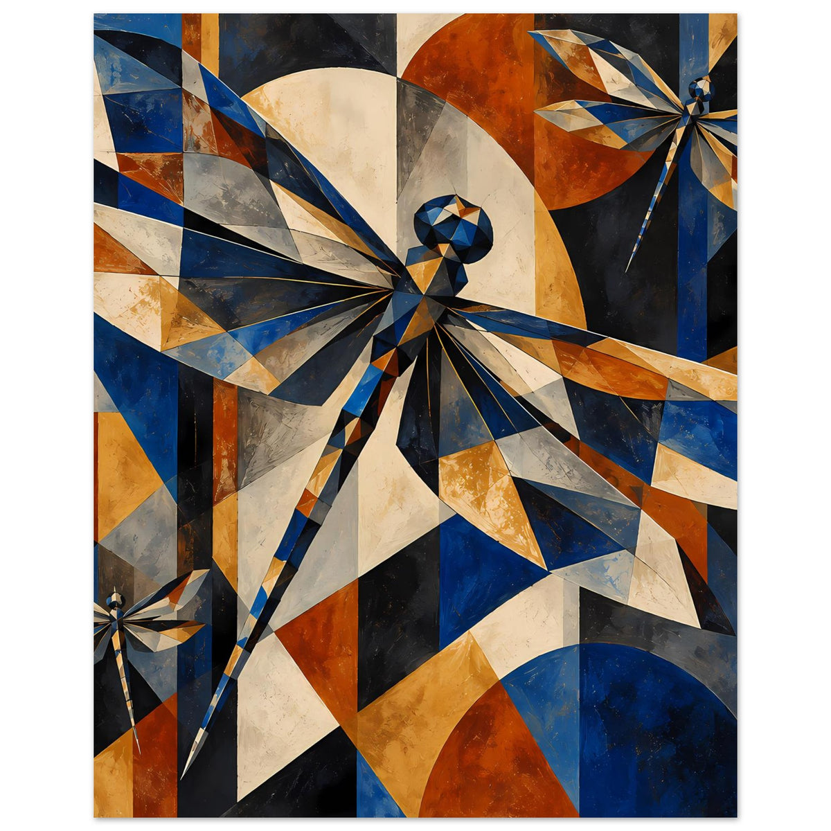 Kunstposter mit geometrischer Libelle, diagonalen Segmenten in Blau und Kupfer