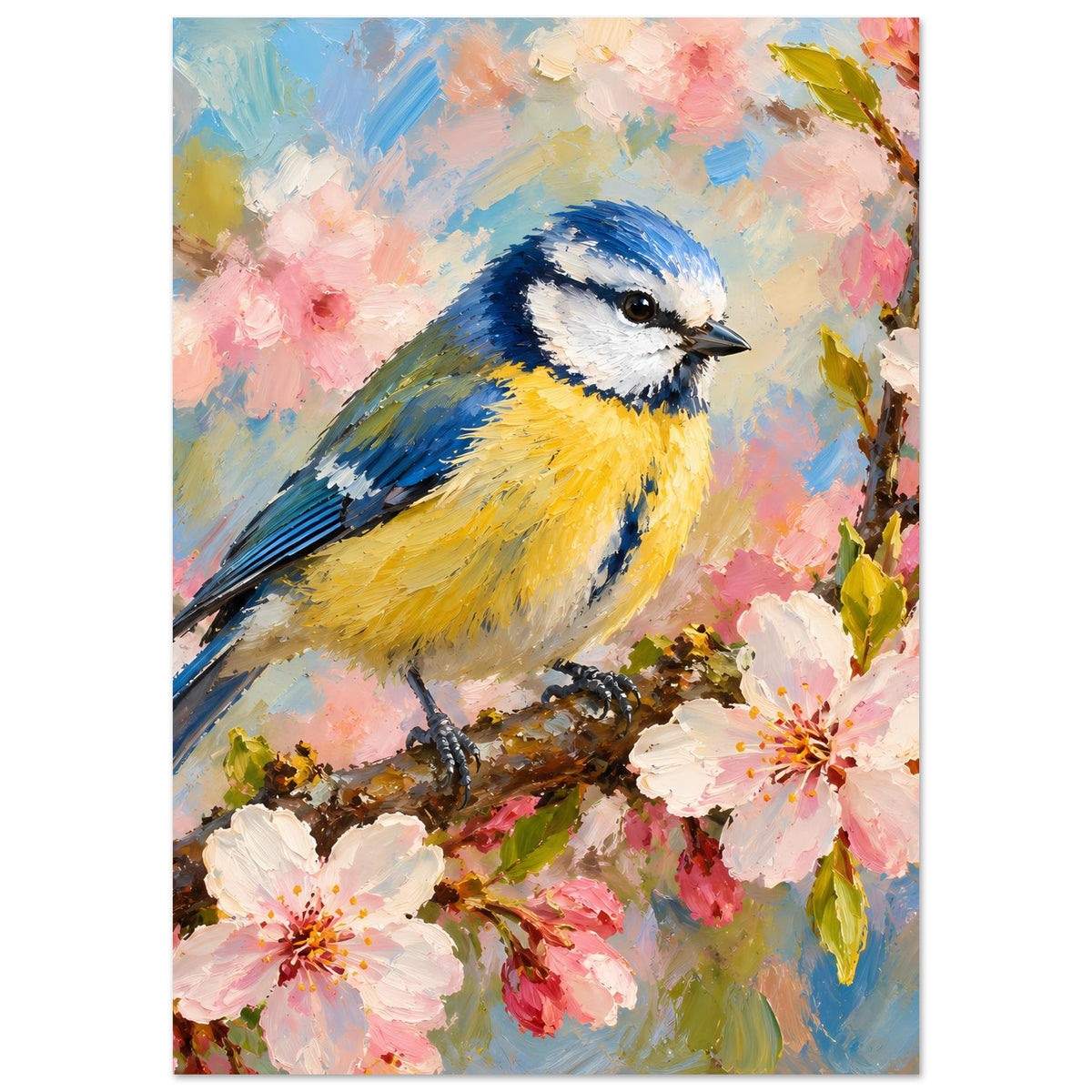 Vogelposter im Hochformat: Vogelportrait mit blauem Gefieder und rosa Blüten im Hintergrund