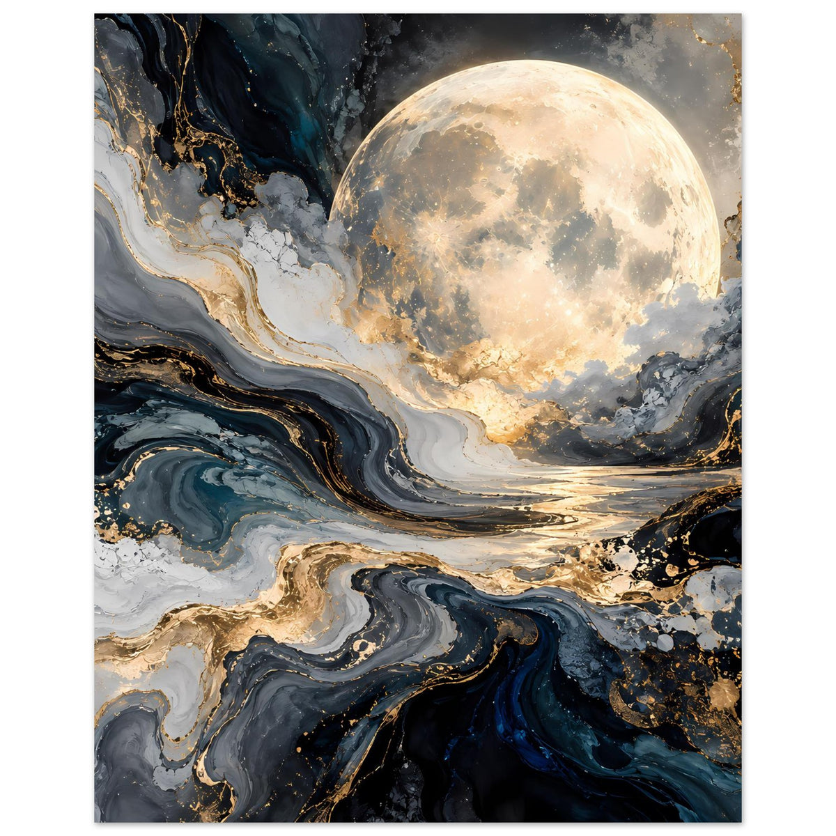 Hochformatiges Poster mit leuchtendem Mond und swirlenden Wellen in Blau und Gold