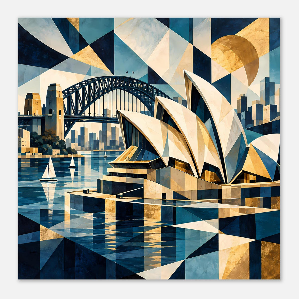 Kunstdruck mit geometrischem Sydney-Motiv: Opernhaus, Harbour Bridge und Wasser im Blau-Gold