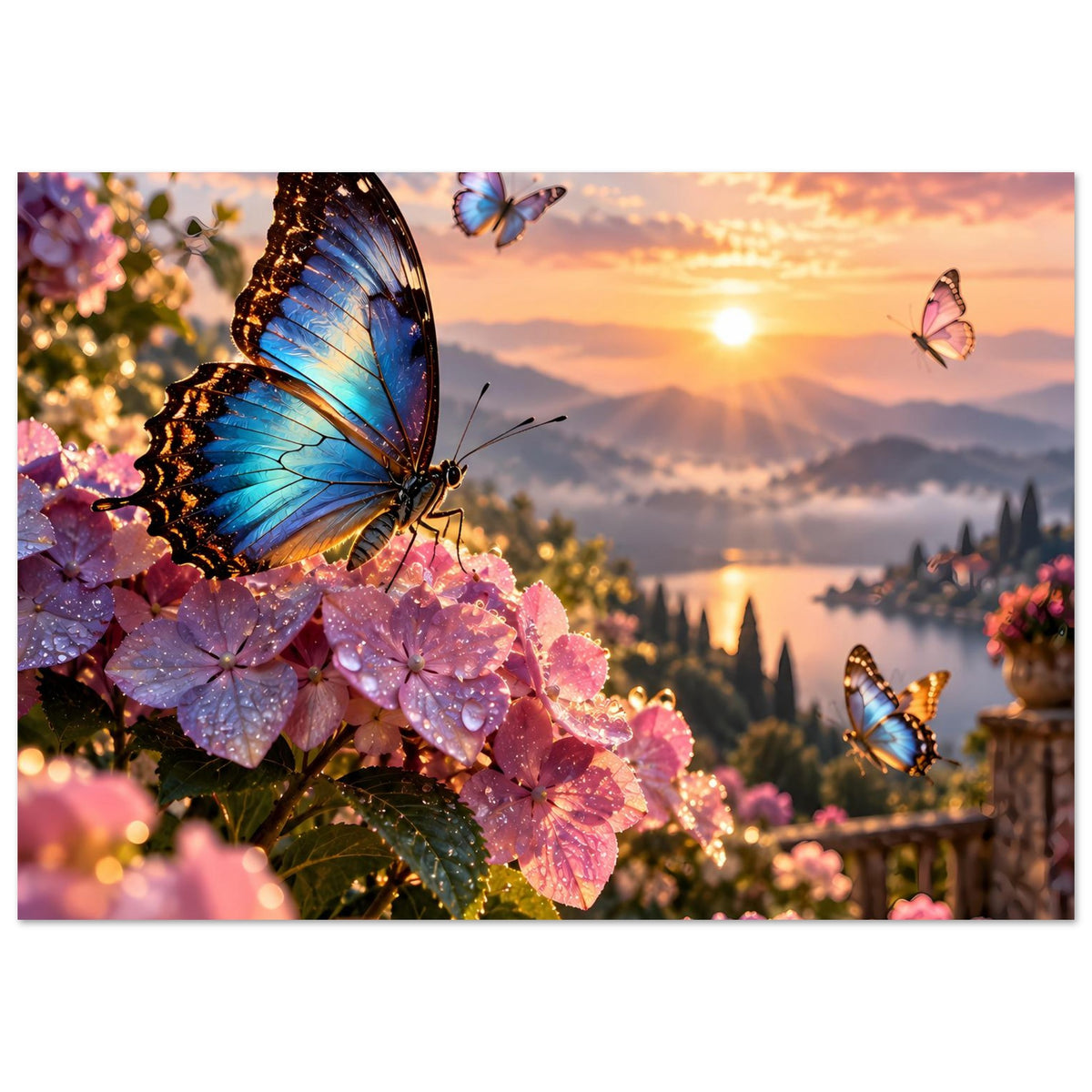 Querformat-Poster, großer blauer Schmetterling auf rosa Blüten, mehrere Falter im Motiv