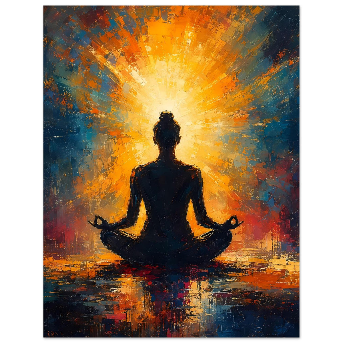 Meditatives Poster mit sitzender Silhouette, leuchtenden Strahlen und buntem Farbspritzer-Design