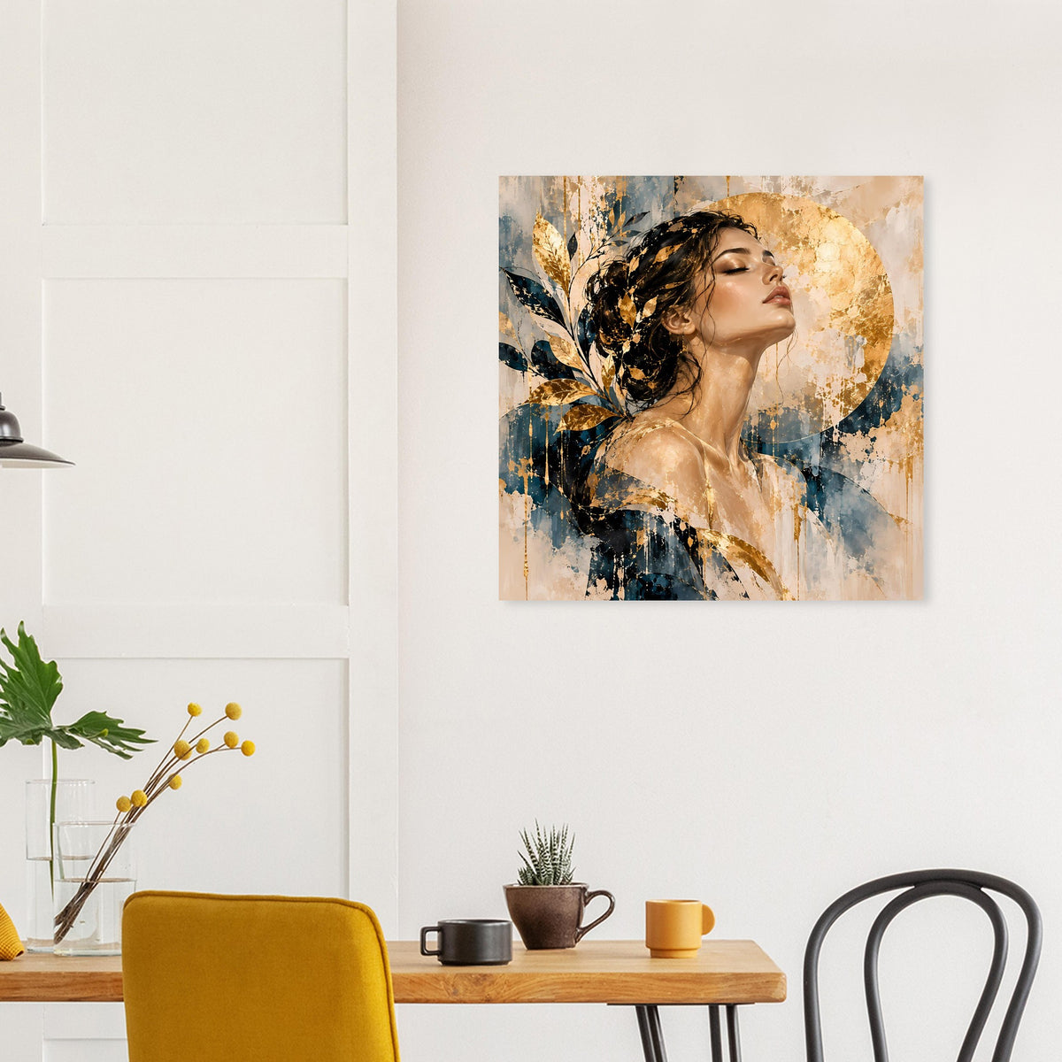 Kunst-Poster mit Frauenmotiv, goldene Akzente und blau-goldene Farbflächen im Vintage-Stil