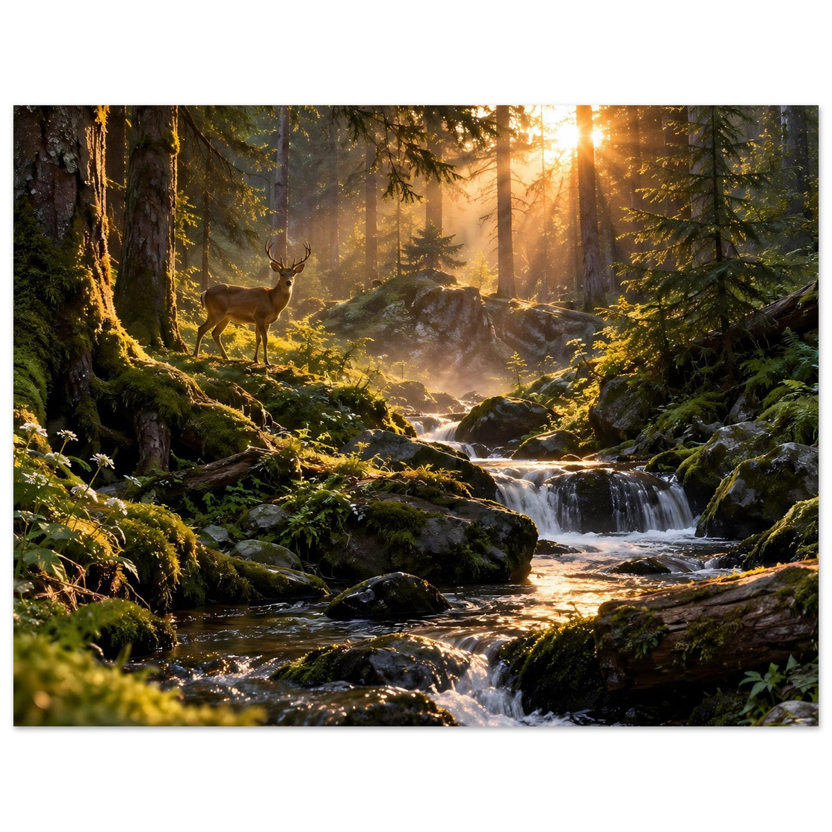 Wandposter (quer) mit Bachlauf, Moosfelsen, Hirsch im Wald und strahlender Sonne