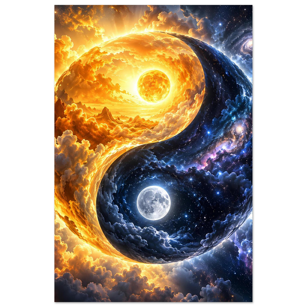 Kosmos-Yin-Yang-Poster: helle Sonnenwelt links, blaue Weltraumwelt rechts