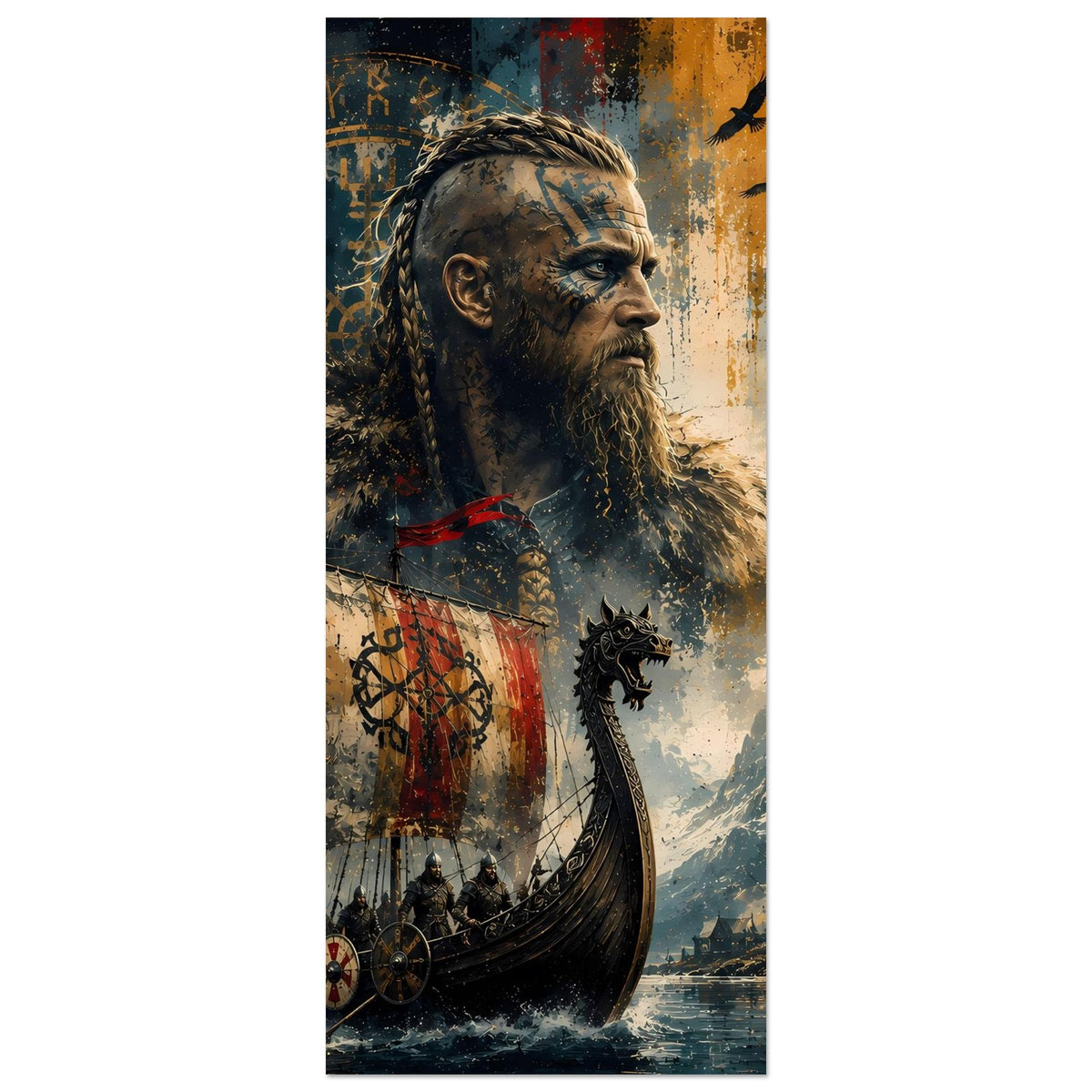 Wikingersaga-Poster im Hochformat: Bartmann, Langschiff im Sturm, Runen am Rand