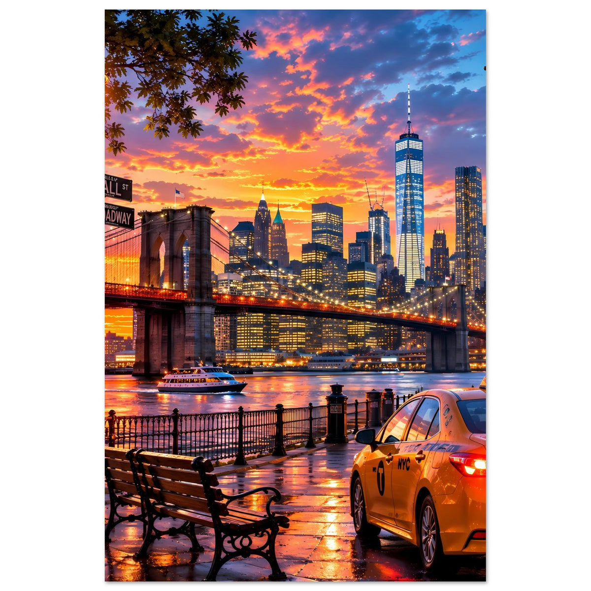 Poster zeigt New York Skyline bei Sonnenuntergang, Brooklyn Bridge, Gelbtaxi und Uferpromenade