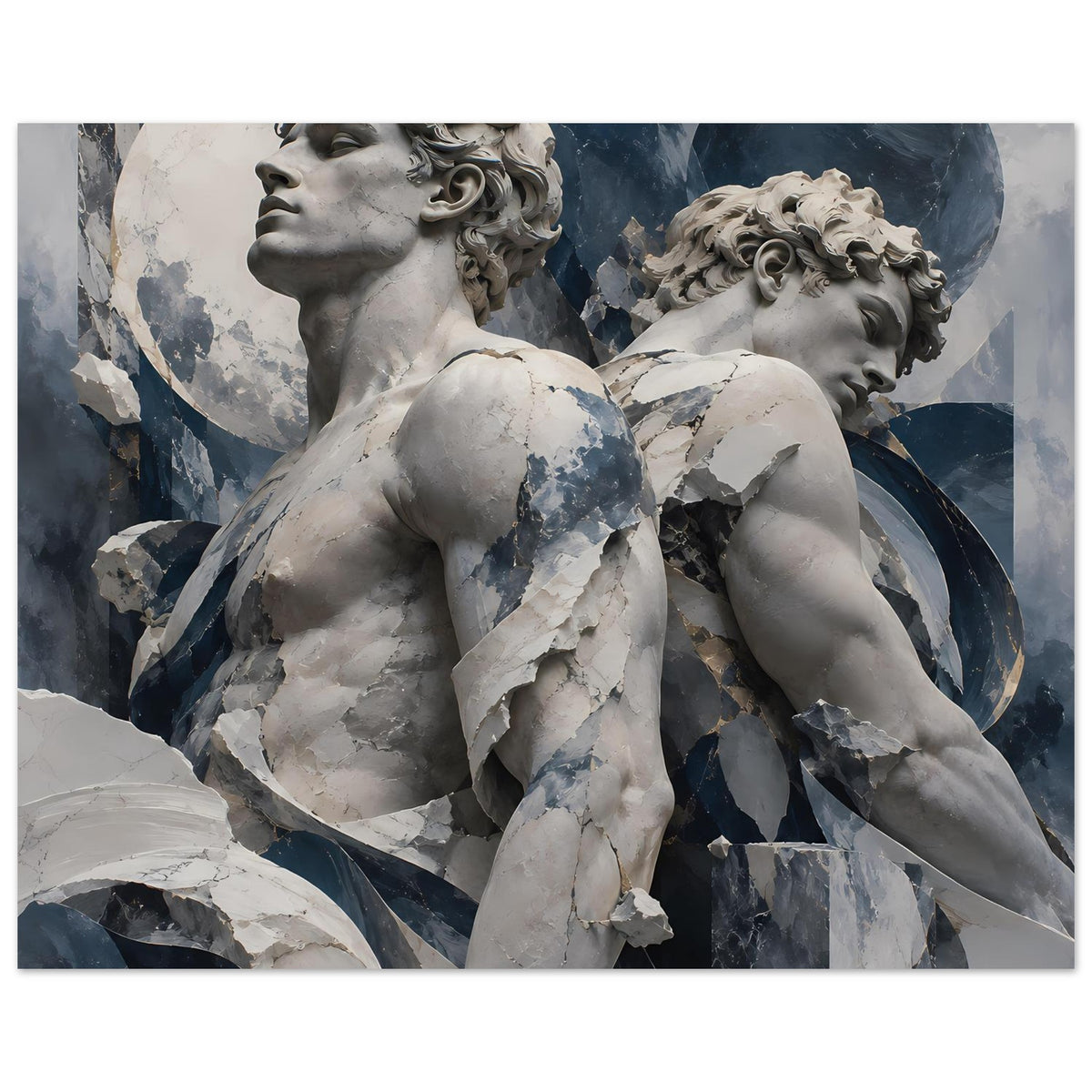 Querformat-Wandposter mit Engelstatuen, marmornes Motiv in Weiß, Grau und Dunkelblau