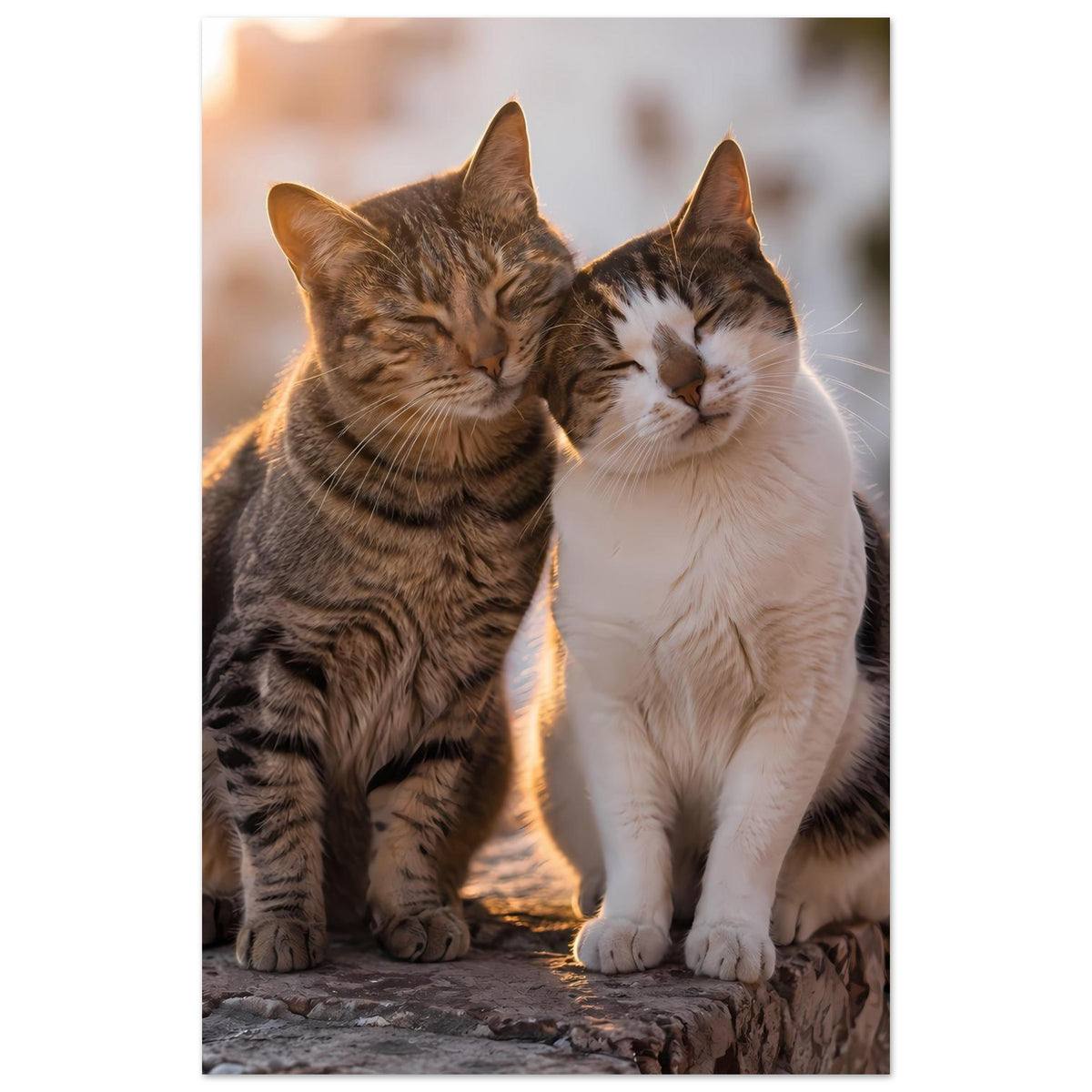 Hochformat-Poster mit zwei kuschelnden Katzen, grau getigert und weiß, Blick nach unten