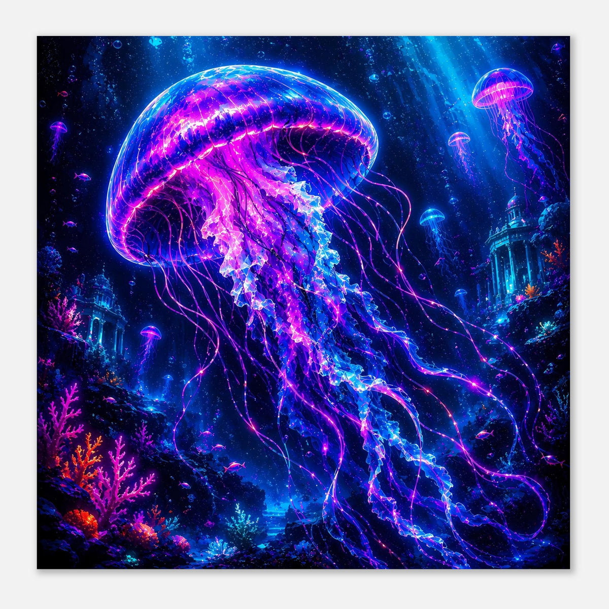 Nahansicht des Posters: leuchtende Qualle mit violetten und pinken Lichtsträngen