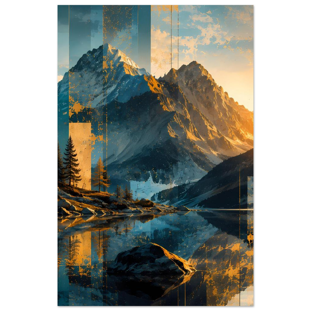 Poster mit abstrakter Berglandschaft, blaue Berge und goldener Sonnenaufgang im rechten Bereich.