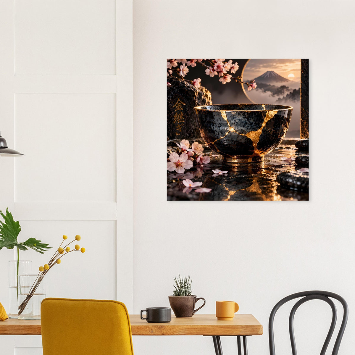 Quadratisches Wandposter mit schwarzer Schale, goldenen Risslinien und Kirschblüten