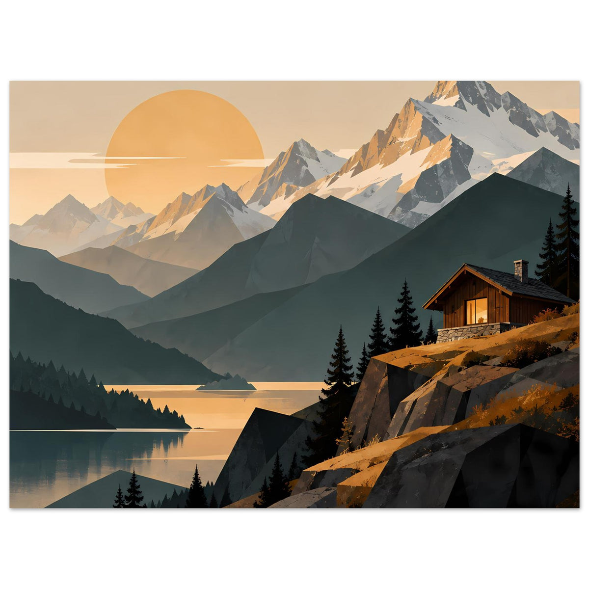 Querformat-Poster mit Alpenlandschaft: Berge, See, Tannen und Holzhaus am Hang.