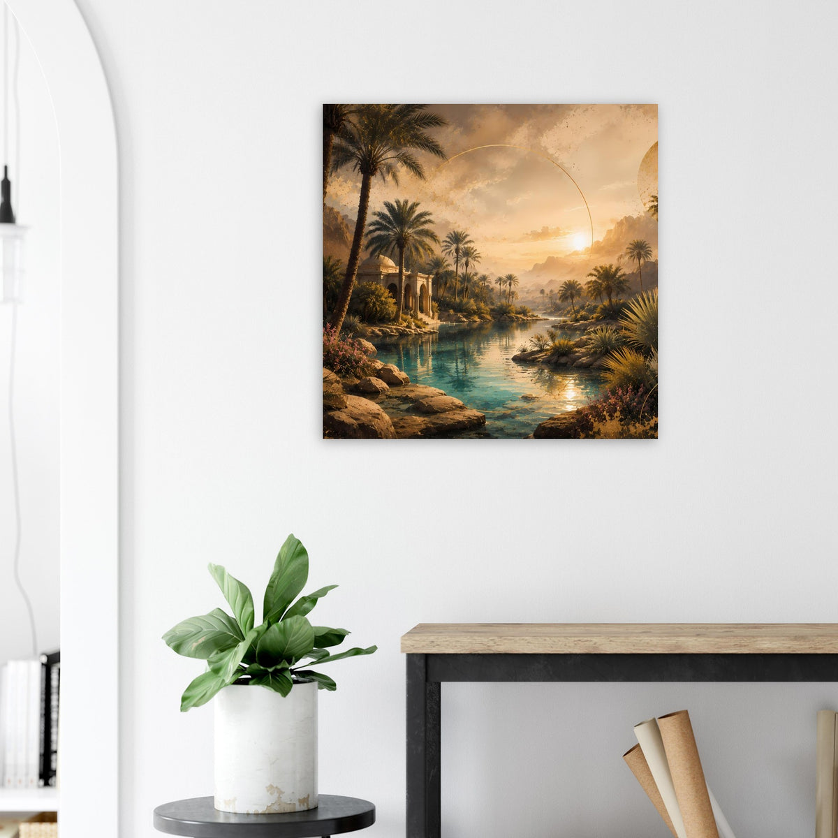 Gerahmtes Wandposter mit Flusslauf, Palmen und untergehender Sonne