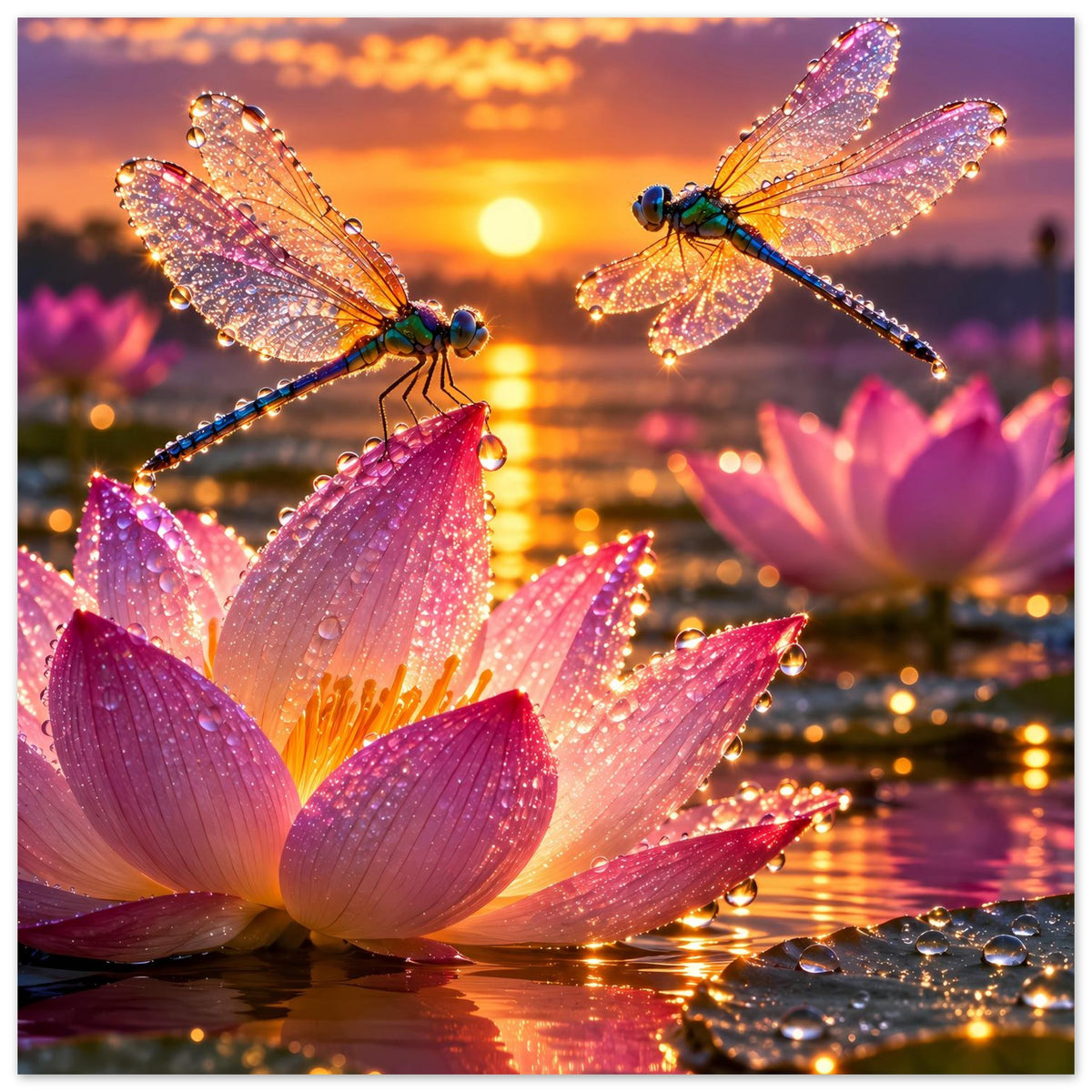 Hochformat-Poster mit schimmernden Libellen und rosa Lotusblüten über Wasserfläche