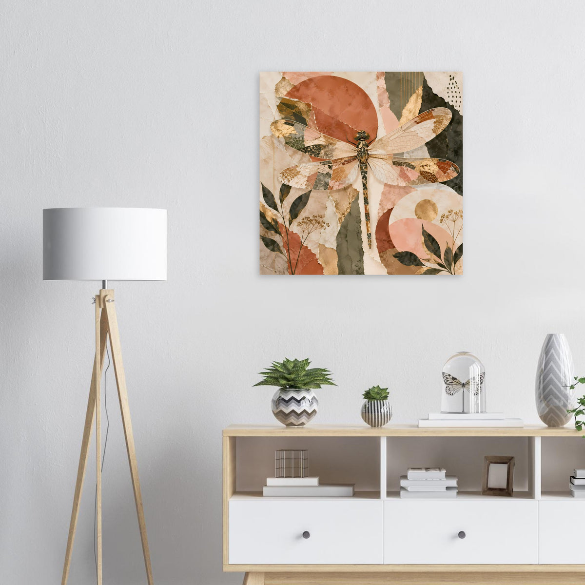Boho-Chic Libellen-Poster, quadratisch, Libellenmotiv in Beige-, Braun- und Grüntönen