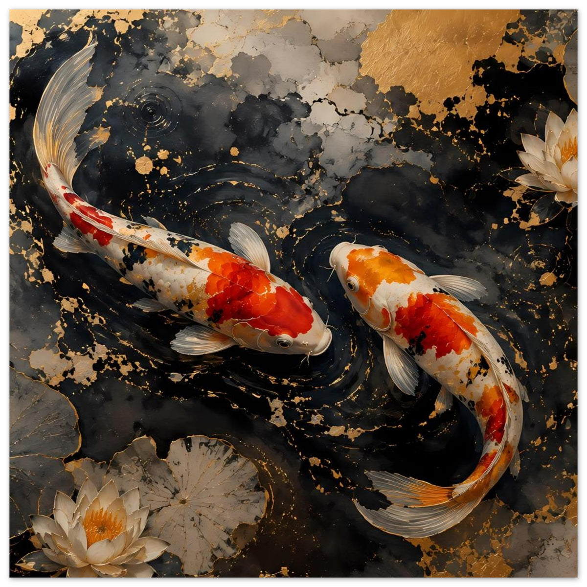 Poster mit zwei Koi-Fischen im schwarzen Wasser, goldene Partikel, Seerosenblätter