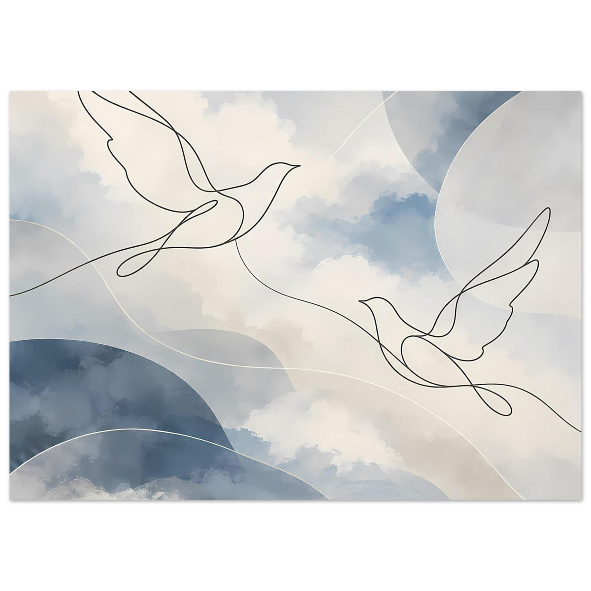 Himmelskunst-Print: Tauben-Motiv in schwarzer Linienzeichnung über hellen Wolkenflächen
