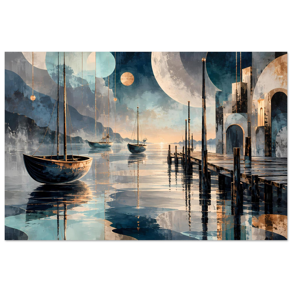 Horizontales Poster im maritimen Stil: Mond, Segelboot, Steg und Spiegelungen im Hafenwasser