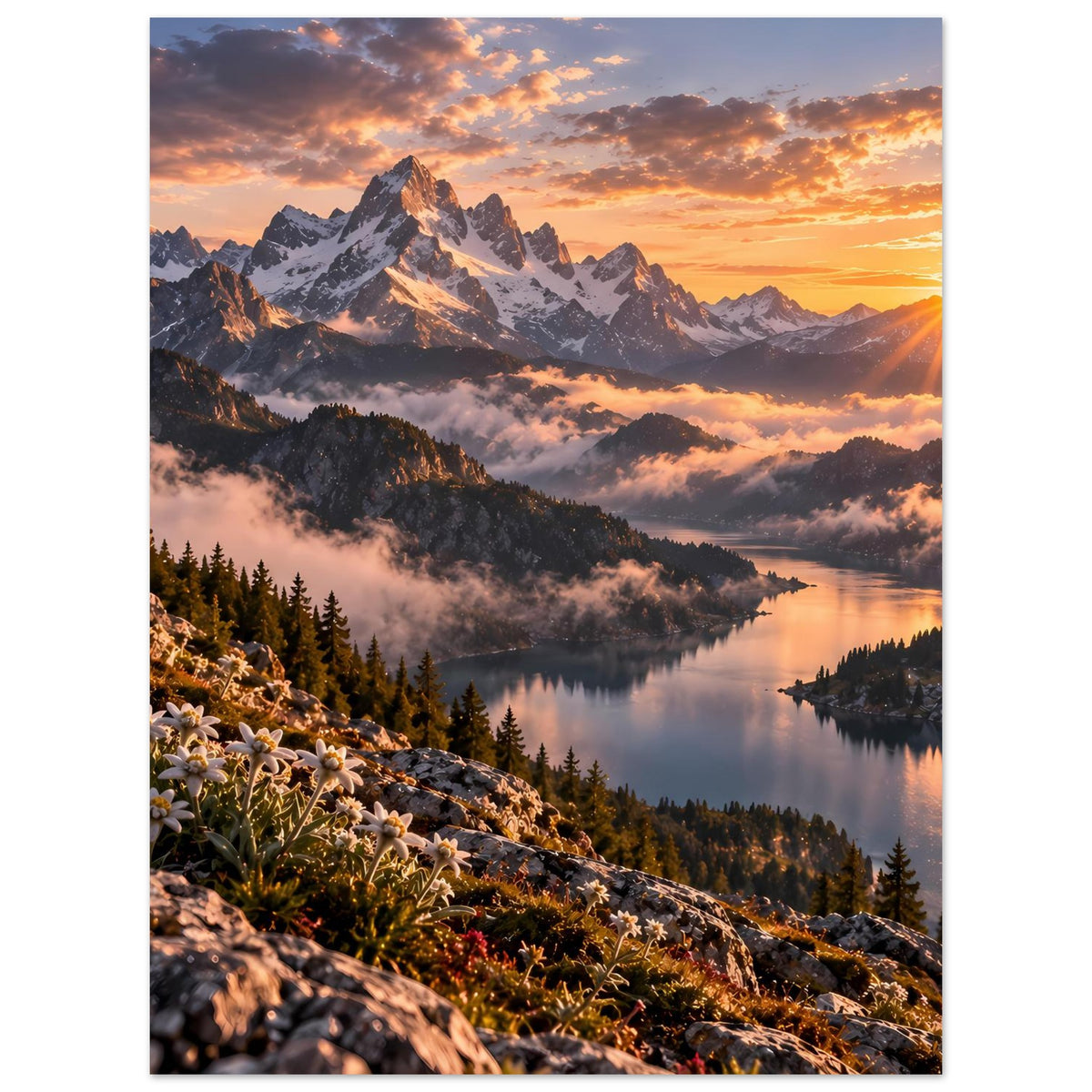 Hochkant-Poster mit Alpengebirge, See und Sonnenaufgang im Abendrot