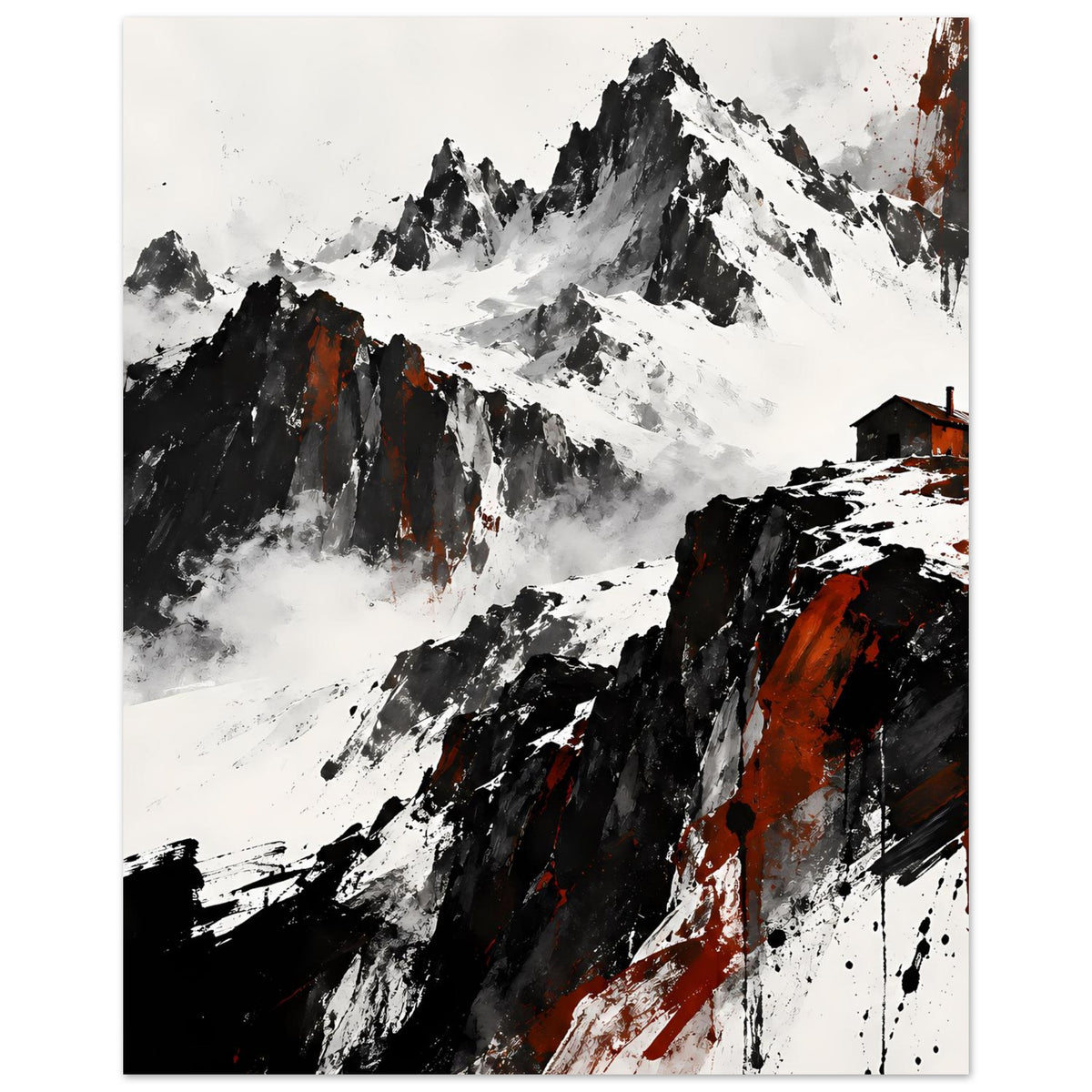 Poster Berglandschaft mit Schnee, schwarzen Linien und roten Akzenten