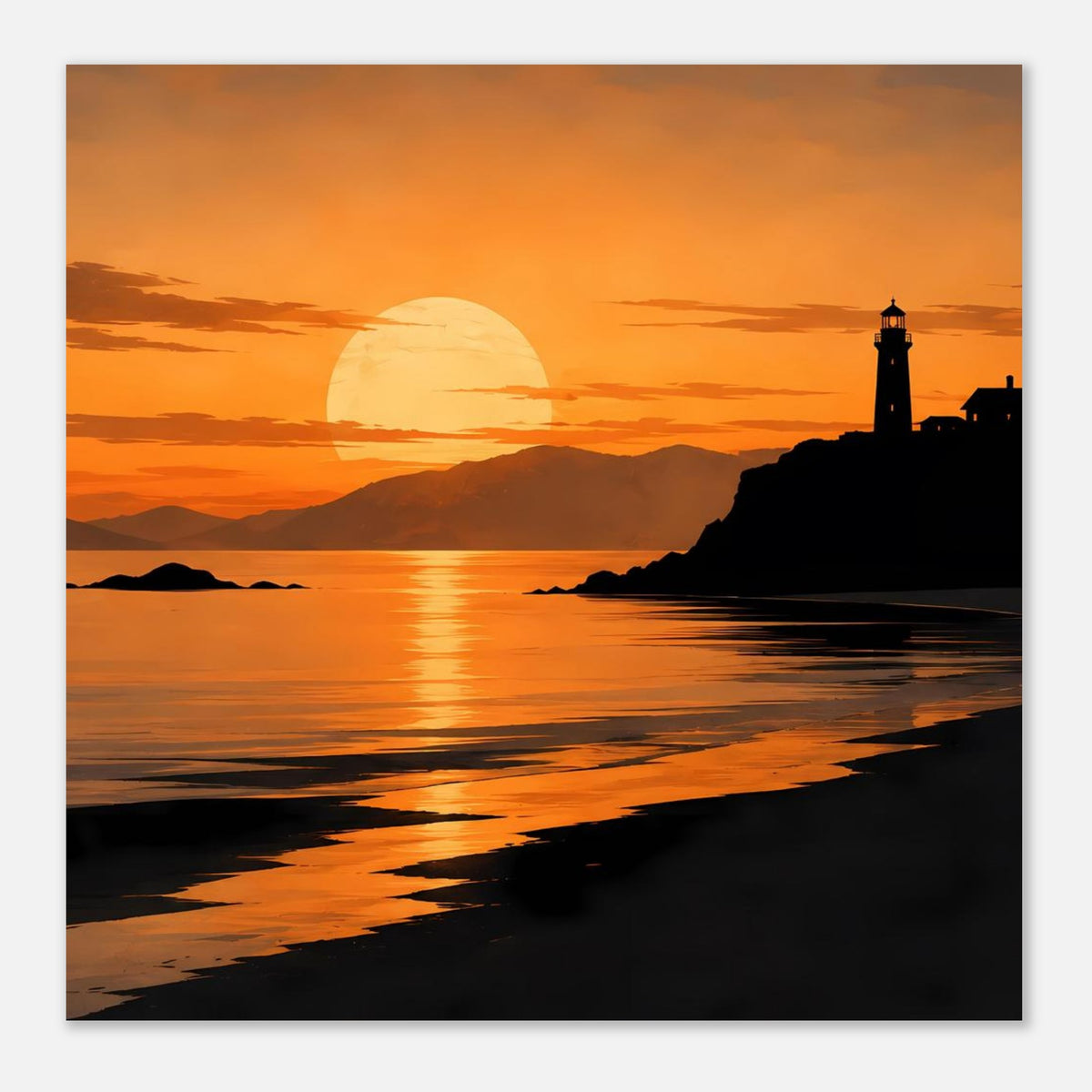 Nahansicht Küstenposter: Sonnenuntergang über dem Meer, spiegelnde Wellen, Leuchtturm-Silhouette