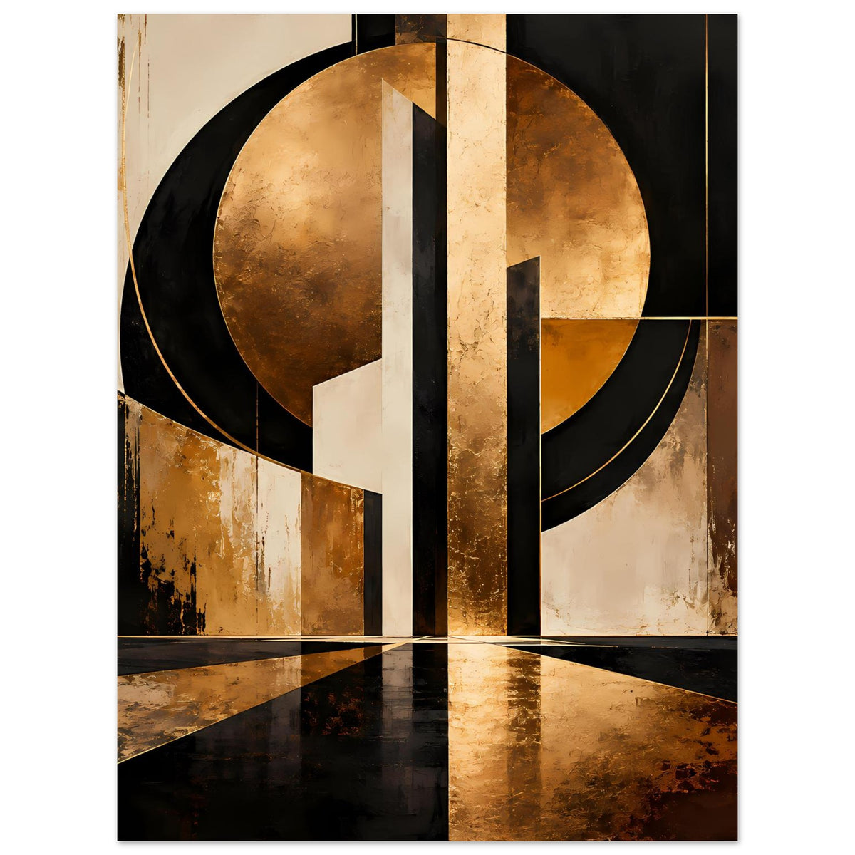 Abstraktes Gold-Schwarz Art Poster: überlappende Kreise, schwarze Balken und gealterte Texturen