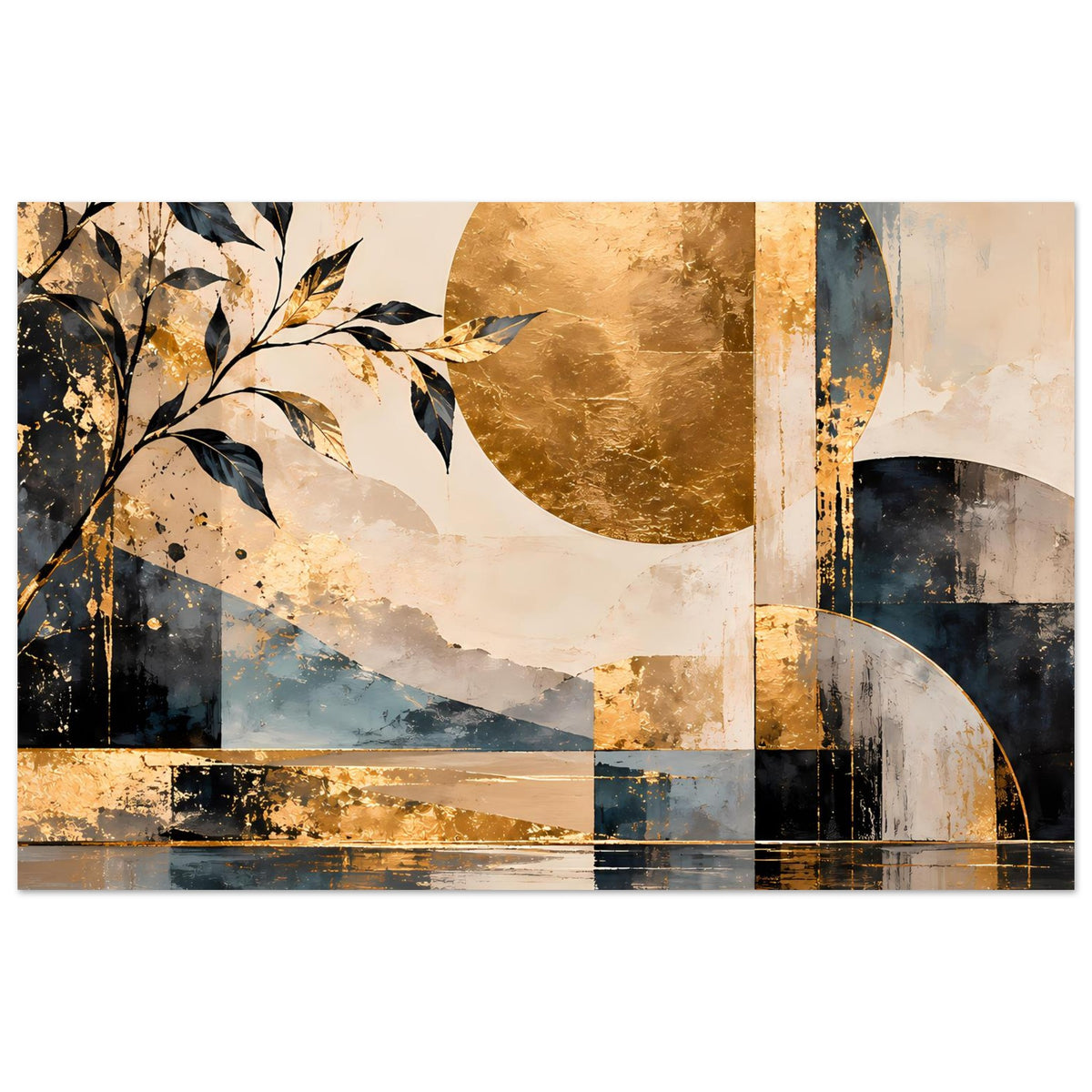 Kunstposter mit abstrakten Kreisen, goldenen Akzenten, blauen Linien und Blattzweigen