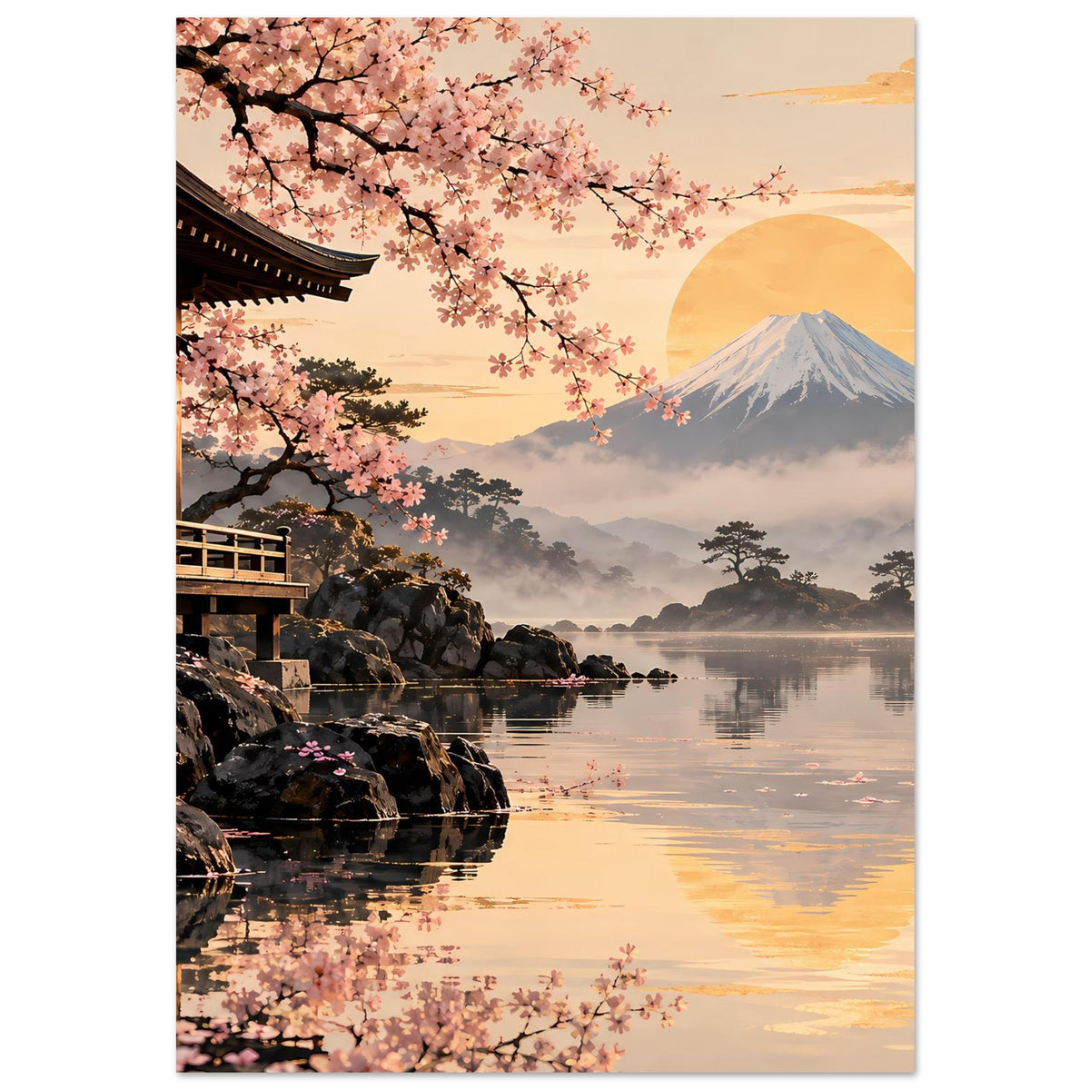 Vertikales Poster mit Kirschblütenzweigen, Fuji und ruhigem Wasser, goldener Himmel