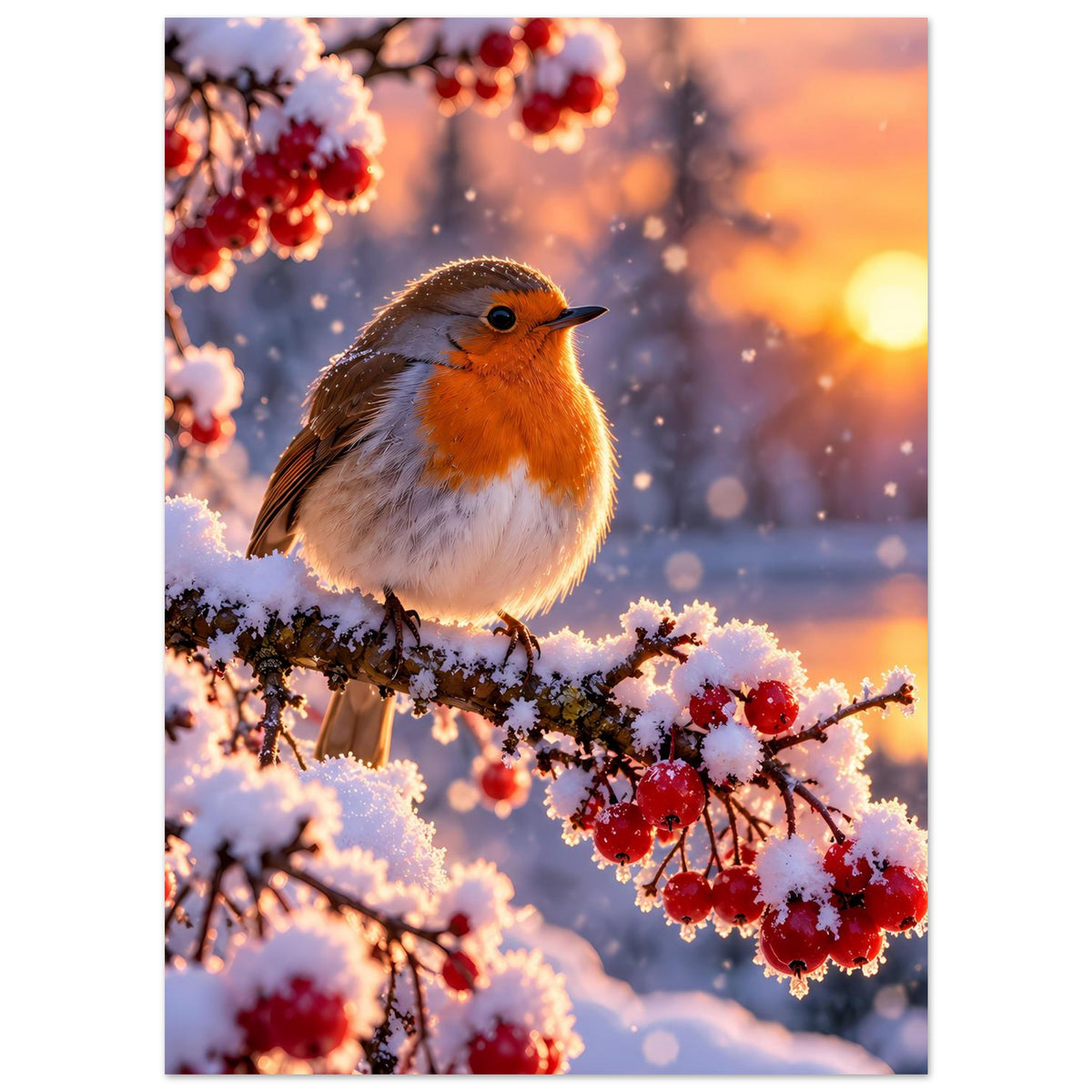 Poster mit Rotkehlchen auf Ast, umgeben von Schnee und roten Beeren