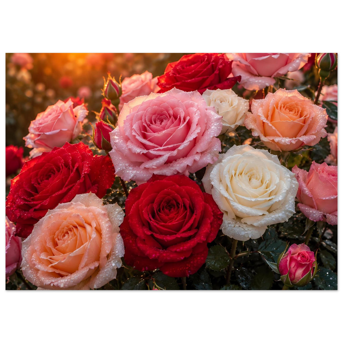 Poster mit Rosenstrauß in Rosa-, Rot- und Cremetönen, taufrisch, breites Format
