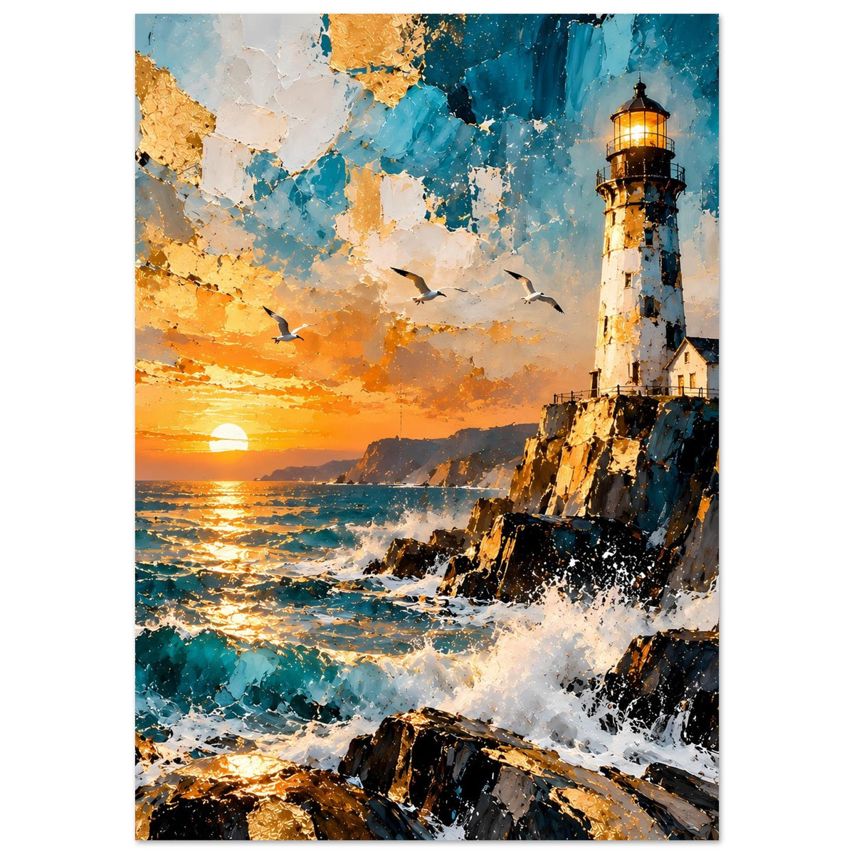 Poster mit Leuchtturm am Felsen, Meeresschaum, orange Sonne am Horizont, abstrakte Farbflächen