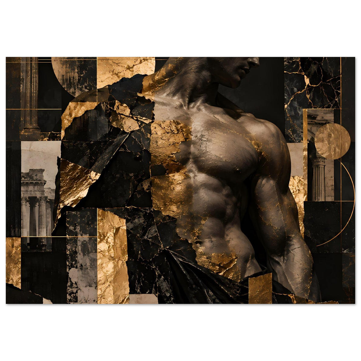 Kunstposter mit nackter Statue seitlich, Schwarz-Gold-Geometrie und marmorierte Texturen