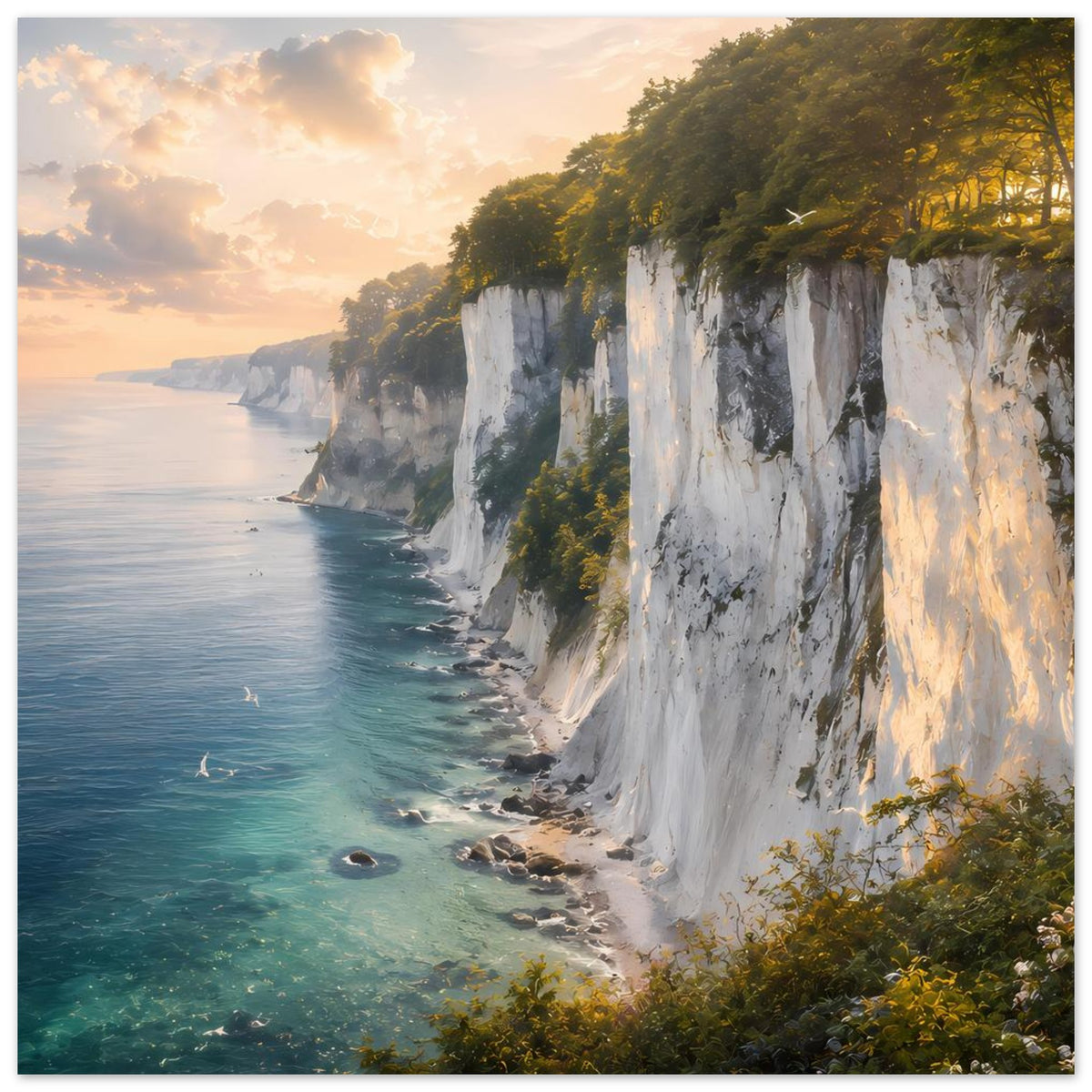 Posterdruck: Küstenkliff mit weißem Fels, türkisblauem Wasser und grüner Vegetation
