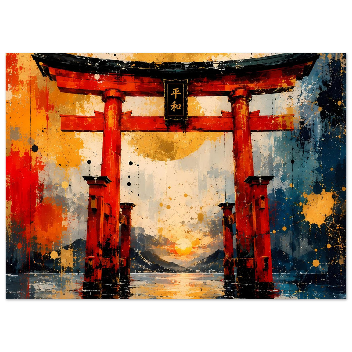 Poster mit Torii-Tor im abstrakten Stil, rote Säulen, blau-schwarzer Farbkontrast