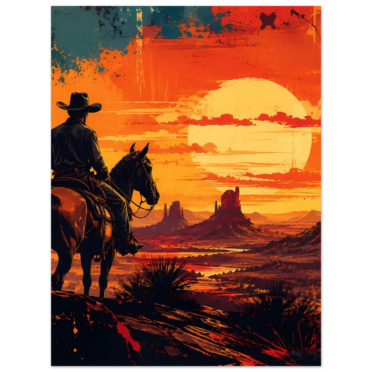 Cowboy-Poster im Hochformat: Silhouette von Reiter und Pferd, gelbe Sonne über Wüste.