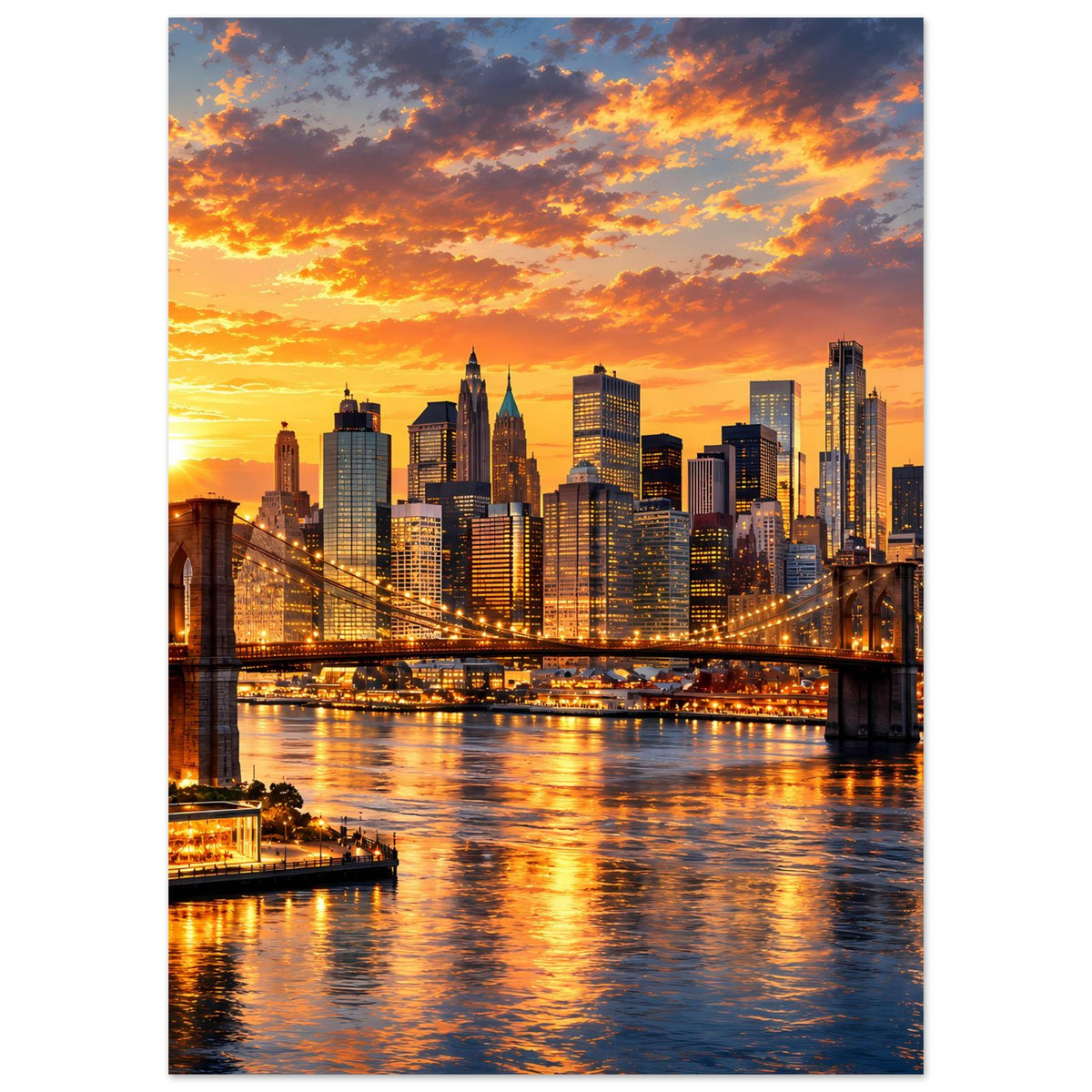 Poster im Hochformat: Sonnenuntergang über der New-York-Skyline mit Hängebrücke