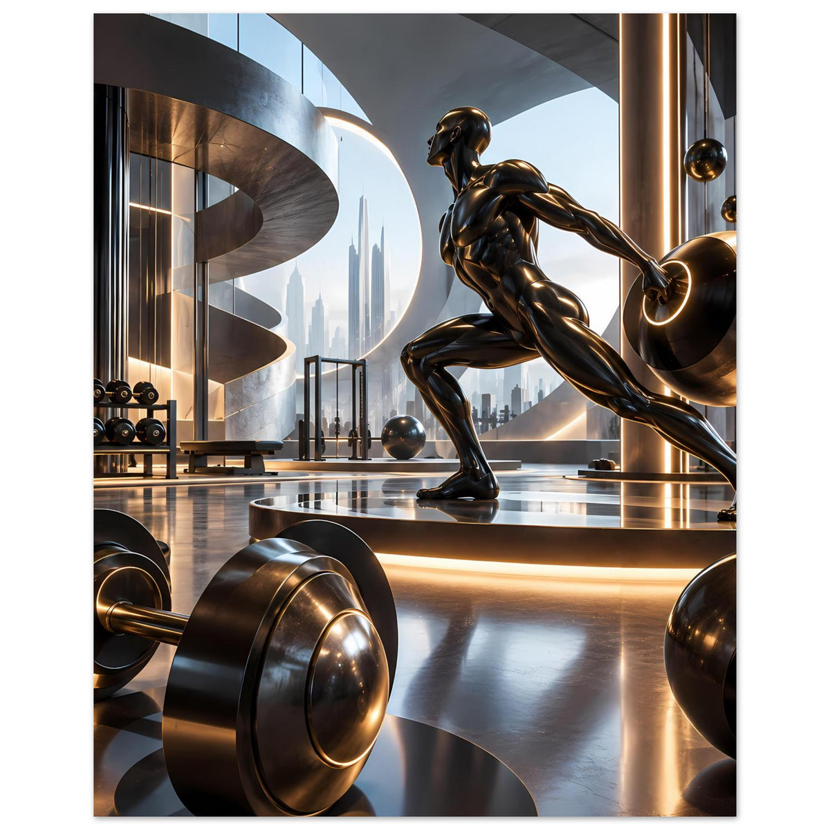 Vertikales Fitnessposter mit bronzener Athletin, großen Hantelscheiben und Lichtstreifen im Hintergrund