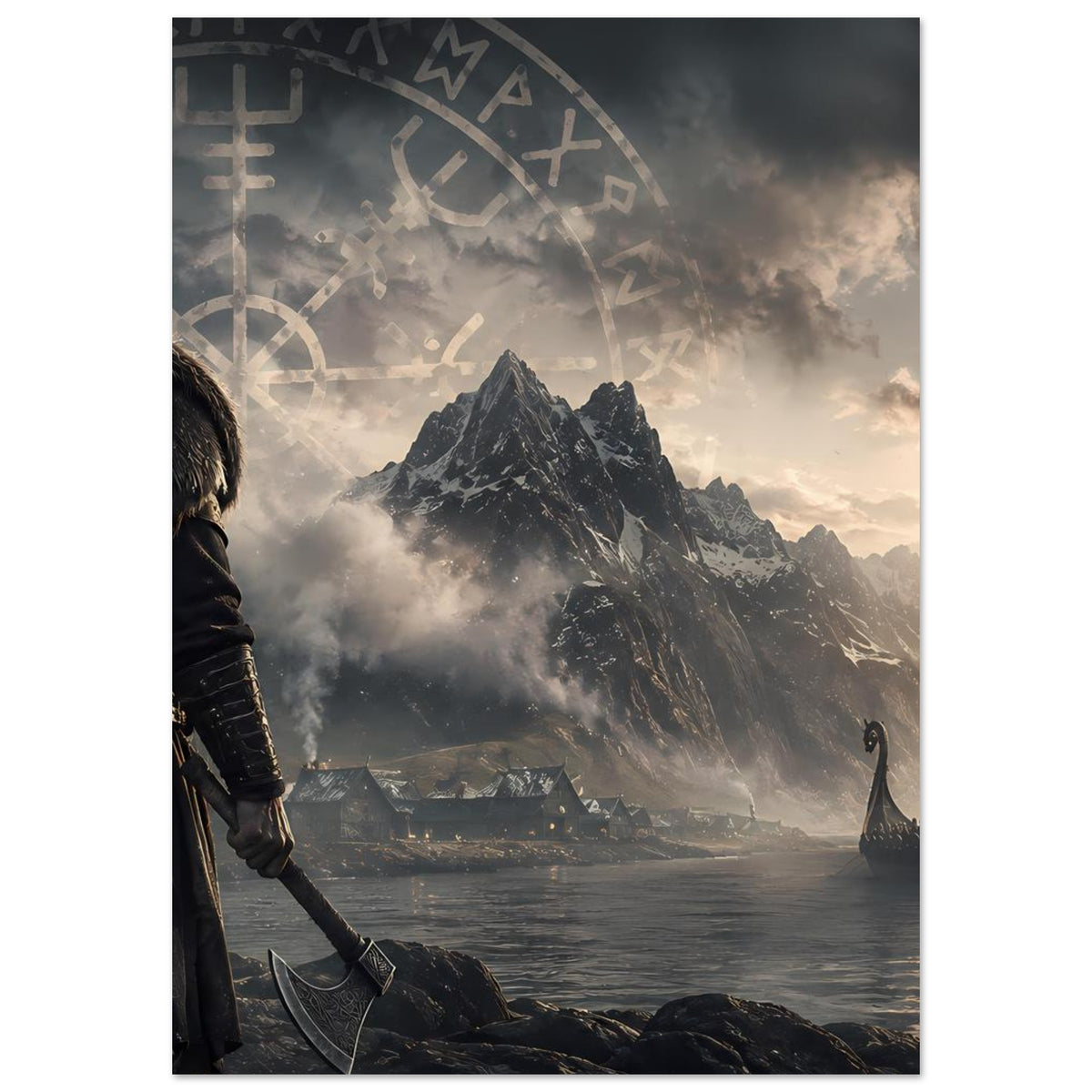 Poster, halbseitiger Blick auf Wikingerkrieger links und Fjord mit Langschiff