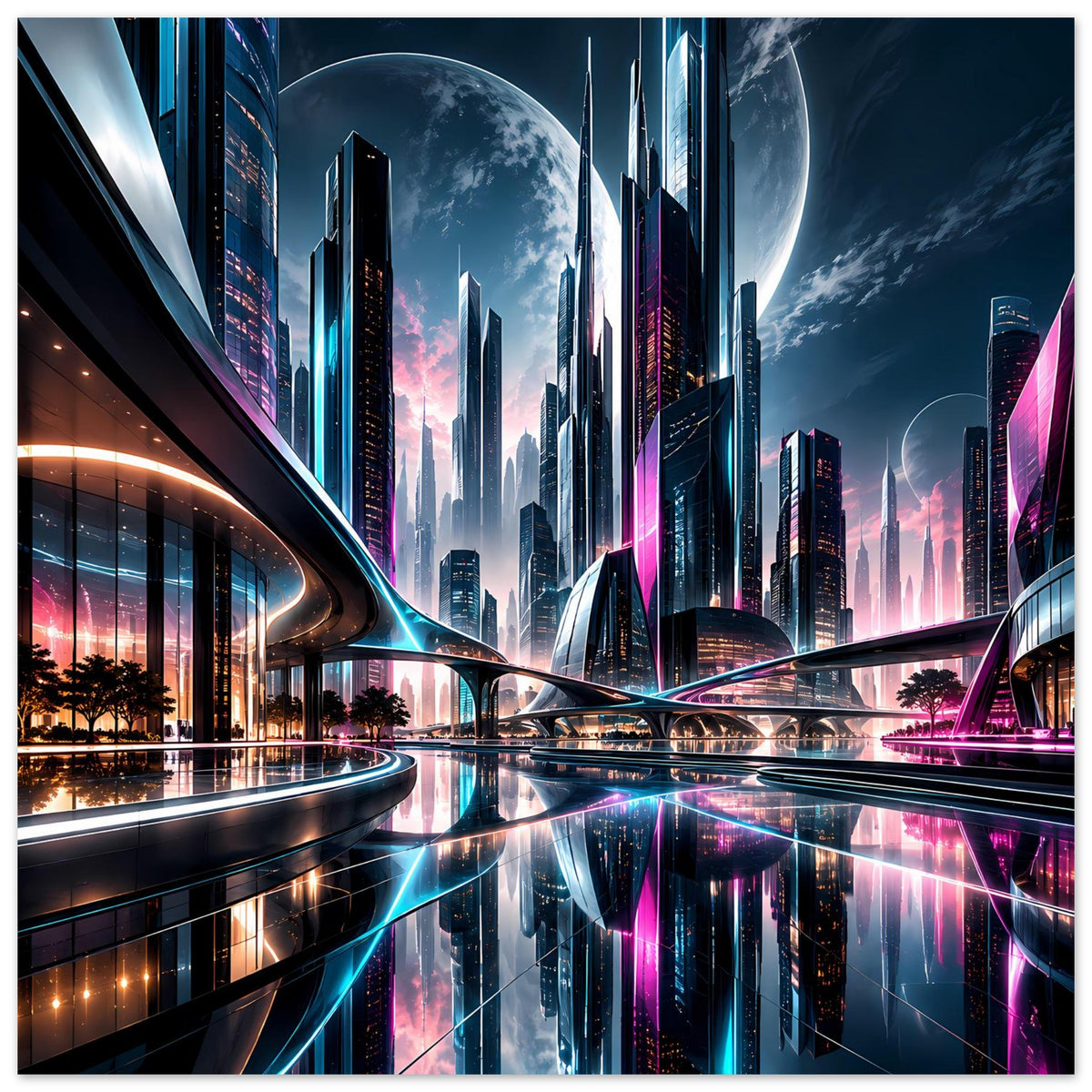Poster mit futuristischer Neon-Stadt-Skyline, leuchtenden Brücken und Spiegelung im Wasser