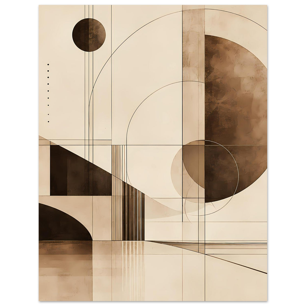 Rechteckiger Kunstdruck mit sepia Farben: schwarze Kreise, Linien, Trennbalken und Flächen.