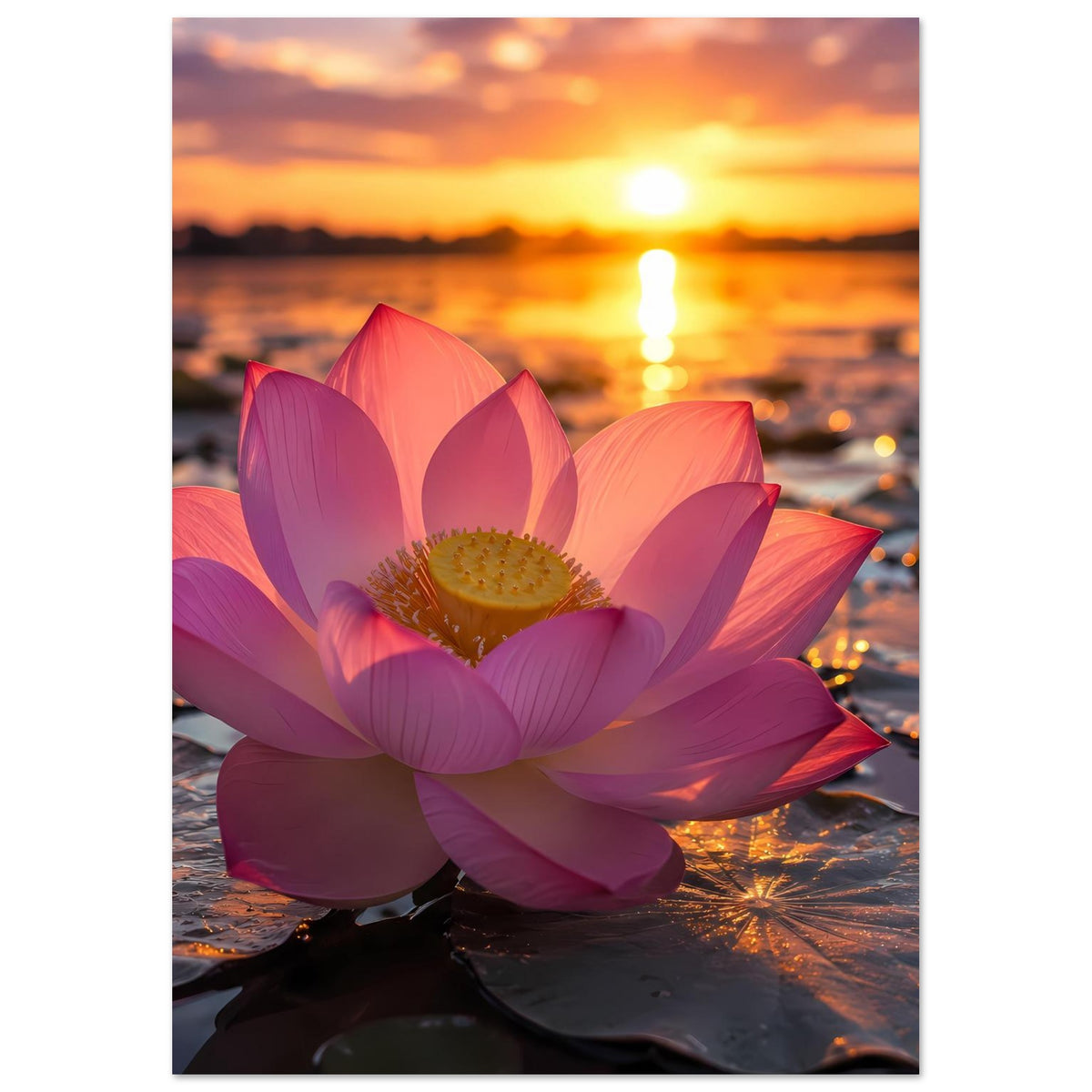 Blumenposter, quadratisch: rosa Lotusblüte vor orangefarbenem Sonnenuntergang über Wasser