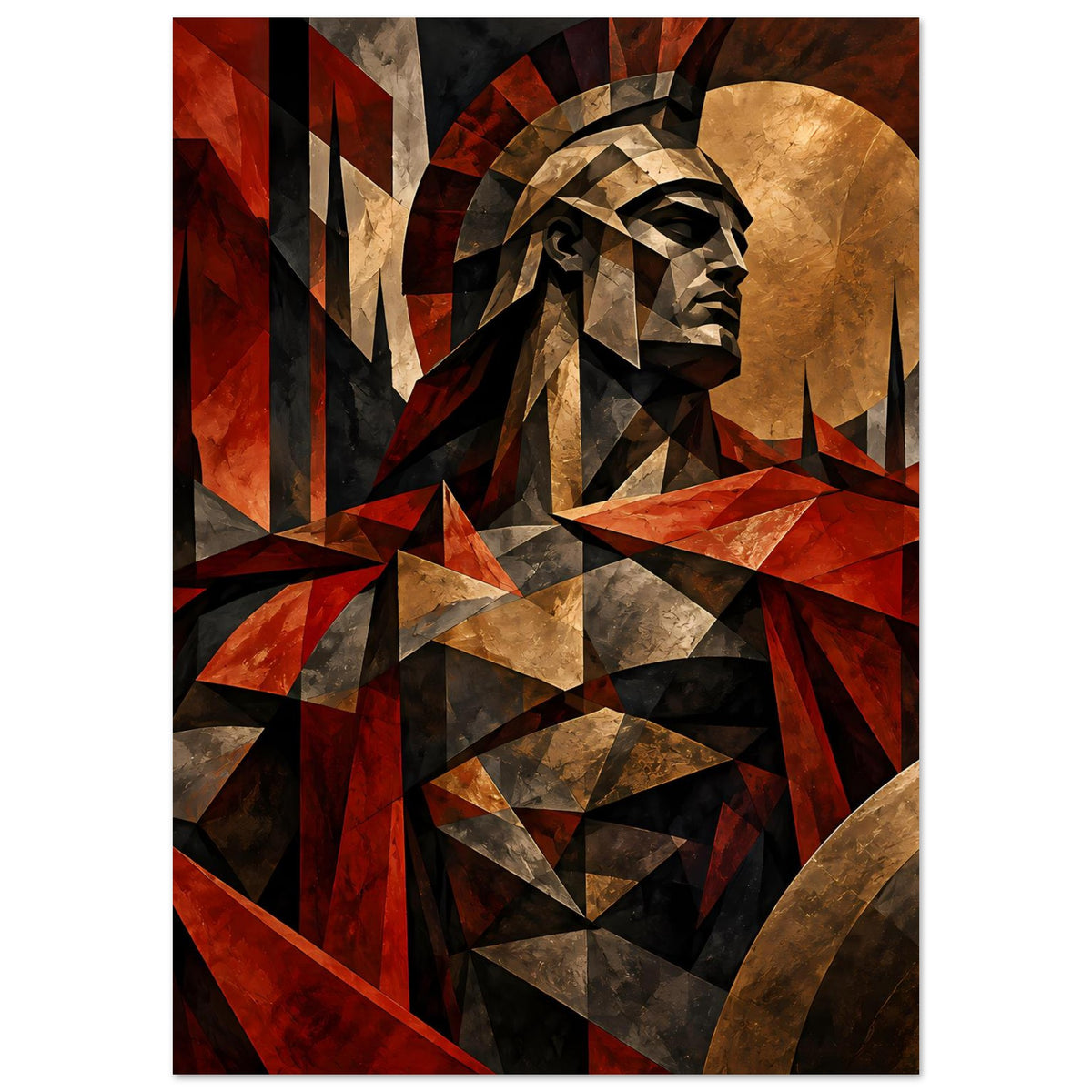 Poster mit spartanischem Krieger, grafisches Mosaik-Design in Rot-, Gold- und Brauntönen, Hochformat