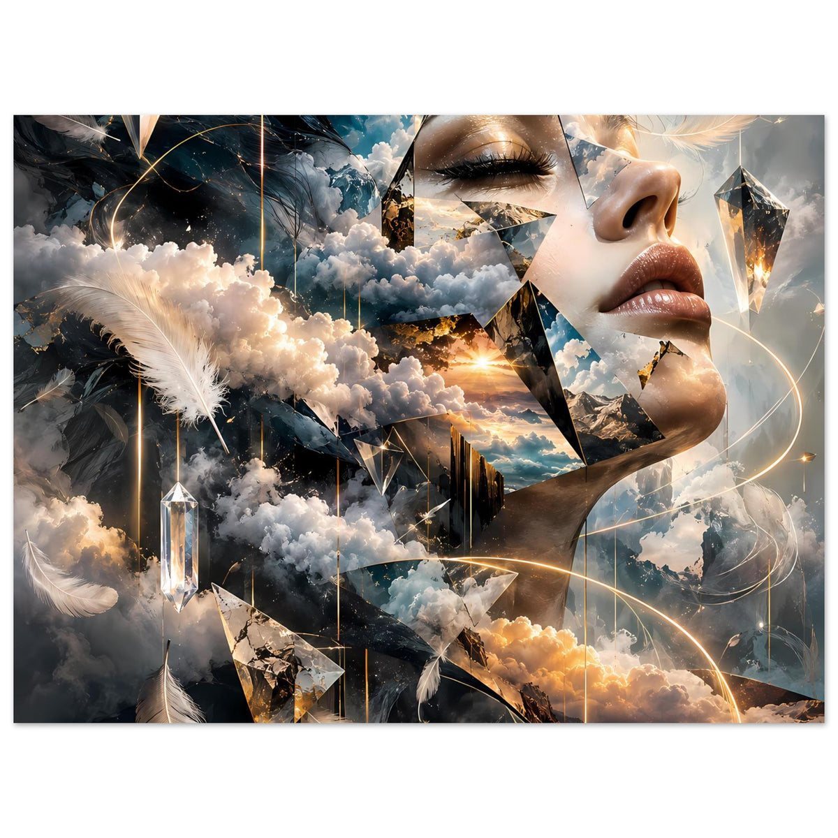 Surrealer Traumlandschafts-Poster im Querformat mit Frauenkopf, Wolken, Feder und schimmernden Fragmenten
