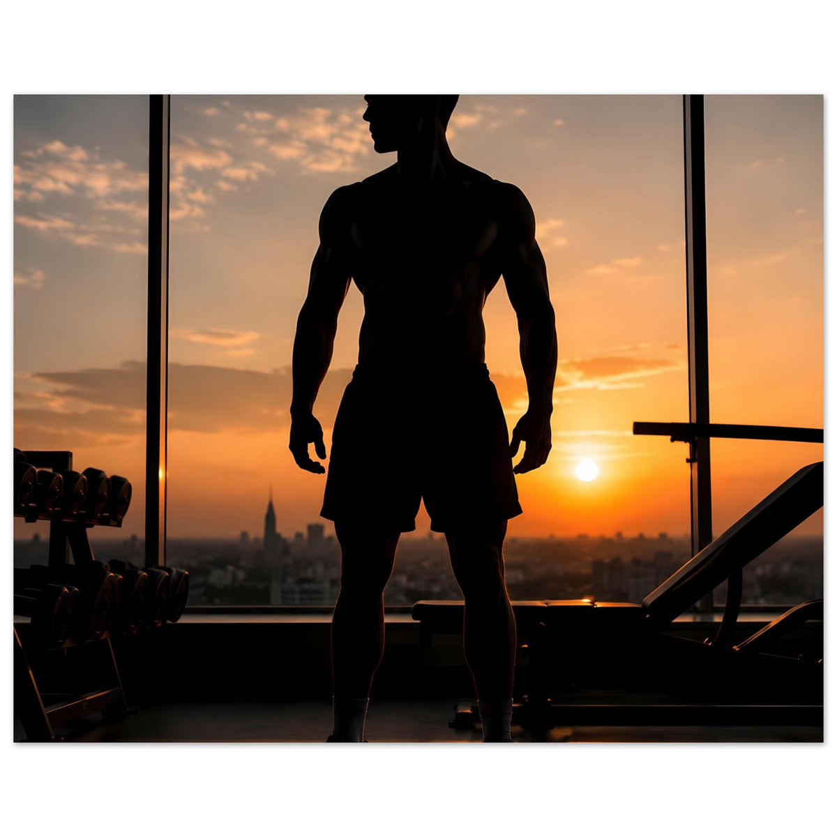 Fitness-Poster: dunkle Silhouette eines Mannes in Sportshorts und Shirt, front