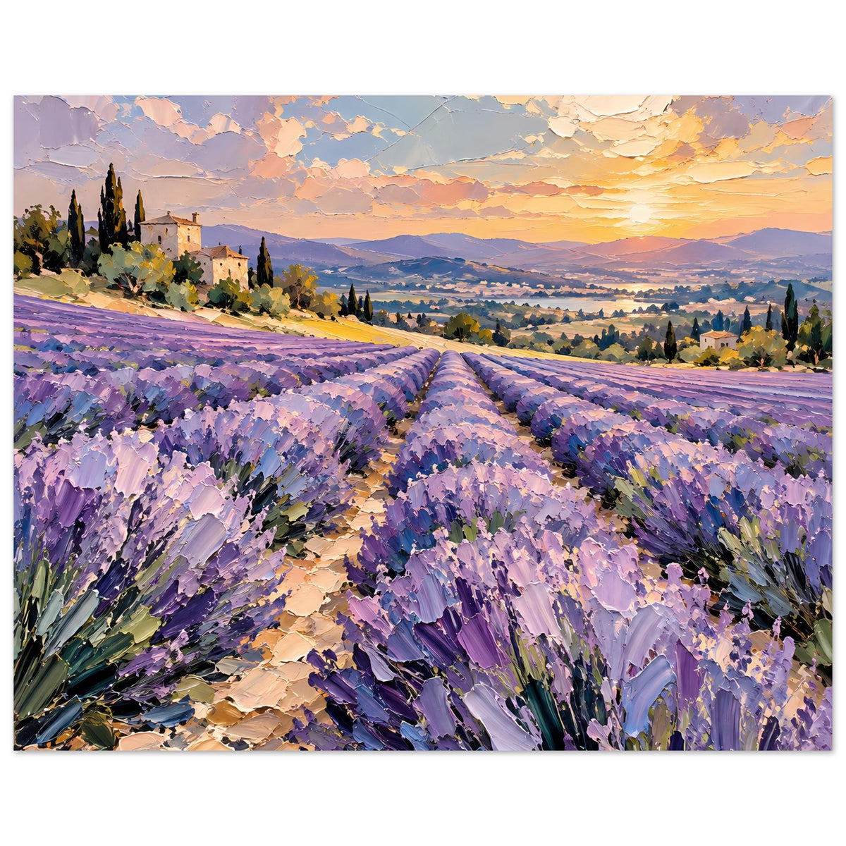 Poster mit Lavendelfeld im Blick auf Sonnenuntergang, Details von Blüten und Wegen