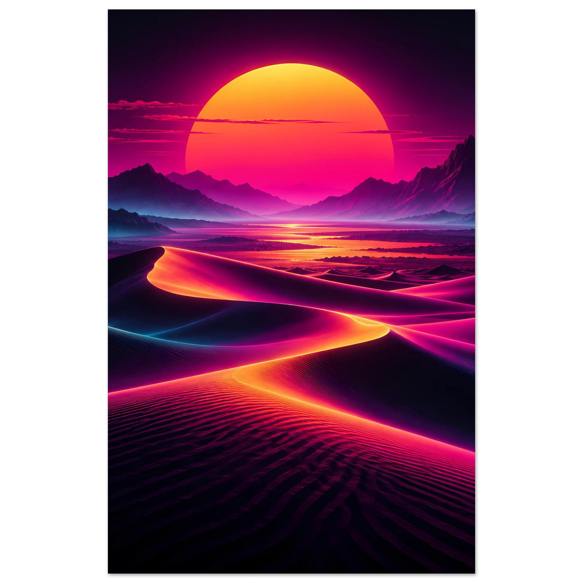 Neon-Desert-Sunset-Poster, vertikal: leuchtende Lichtspuren durch eine Wüstenlandschaft