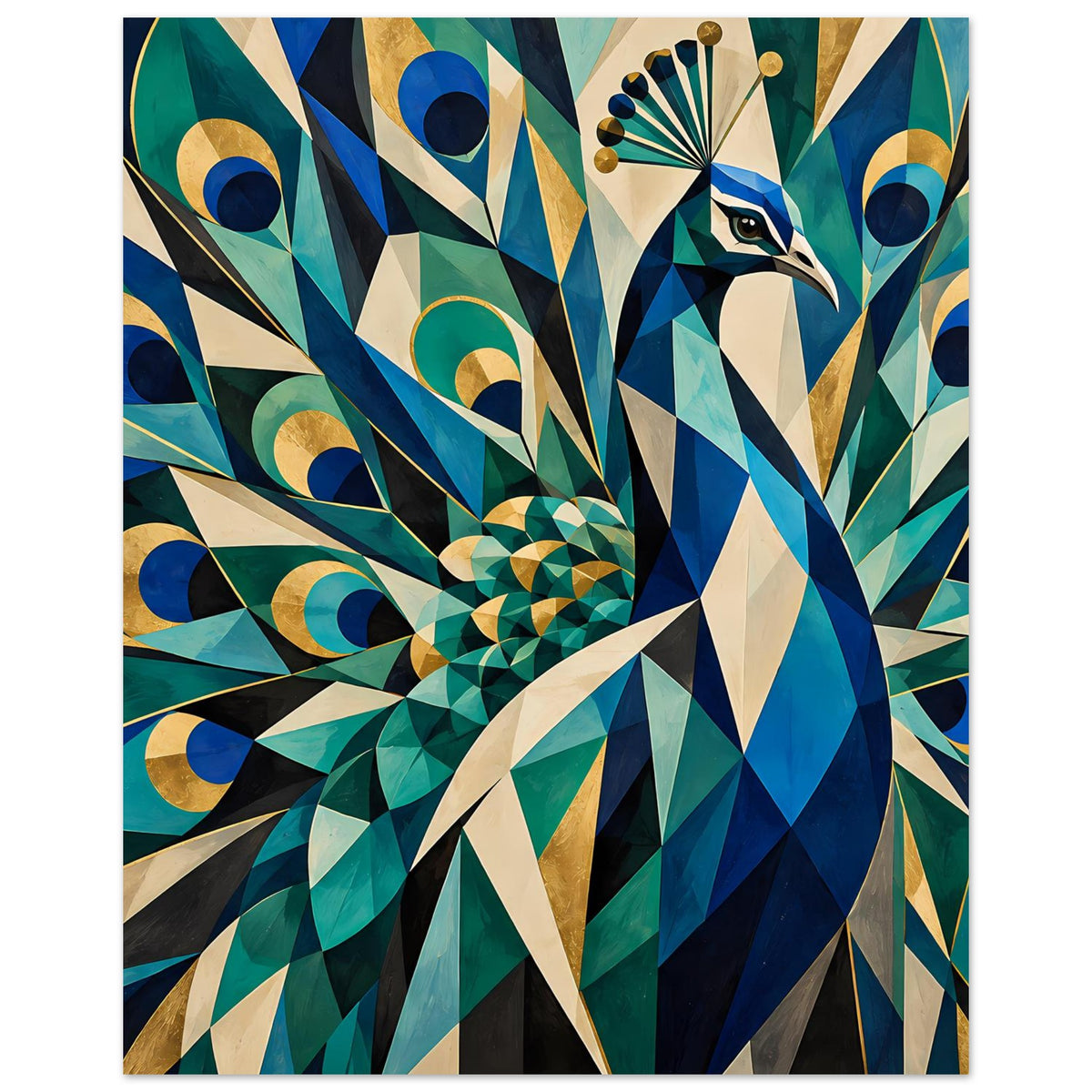 Poster mit geometrischem Pfau, volle Ansicht des Motivs mit blauem Kopf