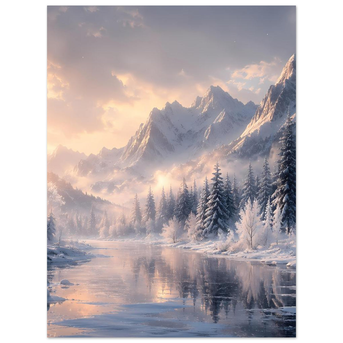 Winterlandschaftsposter mit verschneiten Berggipfeln, Tannenwald und spiegelndem See.
