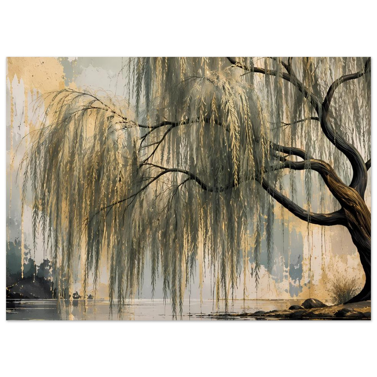 Wandposter im Querformat: Weidenbaum mit hängenden Zweigen über ruhigem Wasser, gold-blau.
